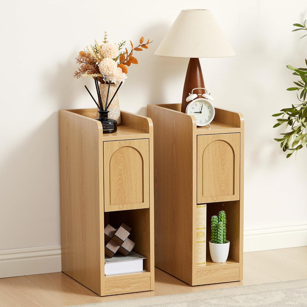 Narrow Nightstands Set of 2, Slim Bedside Tables with Raised Edge Top, Arched Drawer & Open Shelf, Modern Wooden Small End Tables for Bedroom Small Spaces (2, Natural)
