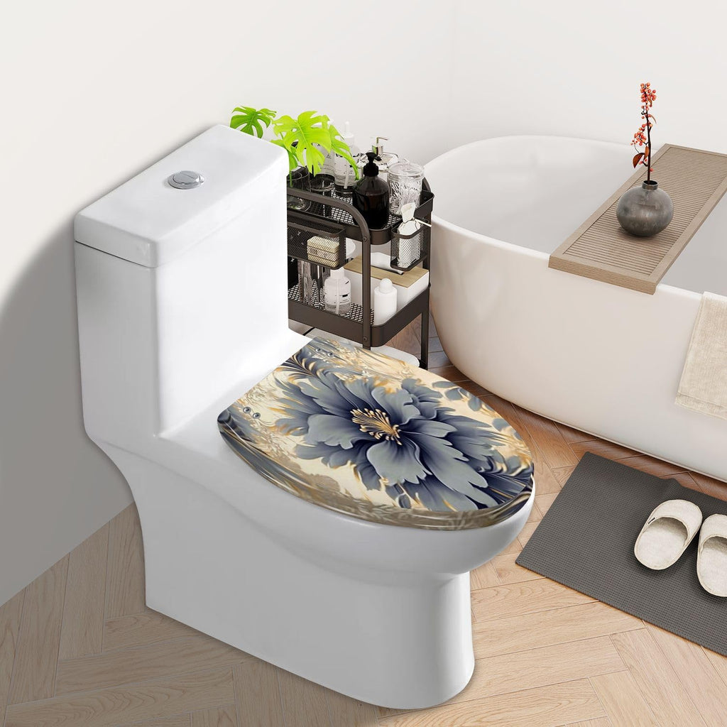 Elongated Toilet Seat Abstract artistic flowers branches gold canvas Brush Oil Resin Toilet Seat Slow Quiet Close with Quick-Release Hinges Toilet Seat with Cover Easy to Clean Install