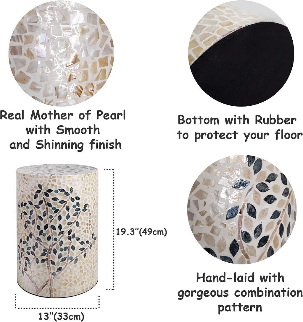 PEMAR Mother of Pearl Cylinder Drum End Table Nacre Side Stool Round Accent Table Coffee Bedside Nightstand and Vanity Stool Olive Tree 13' Diameter x 19.3' High