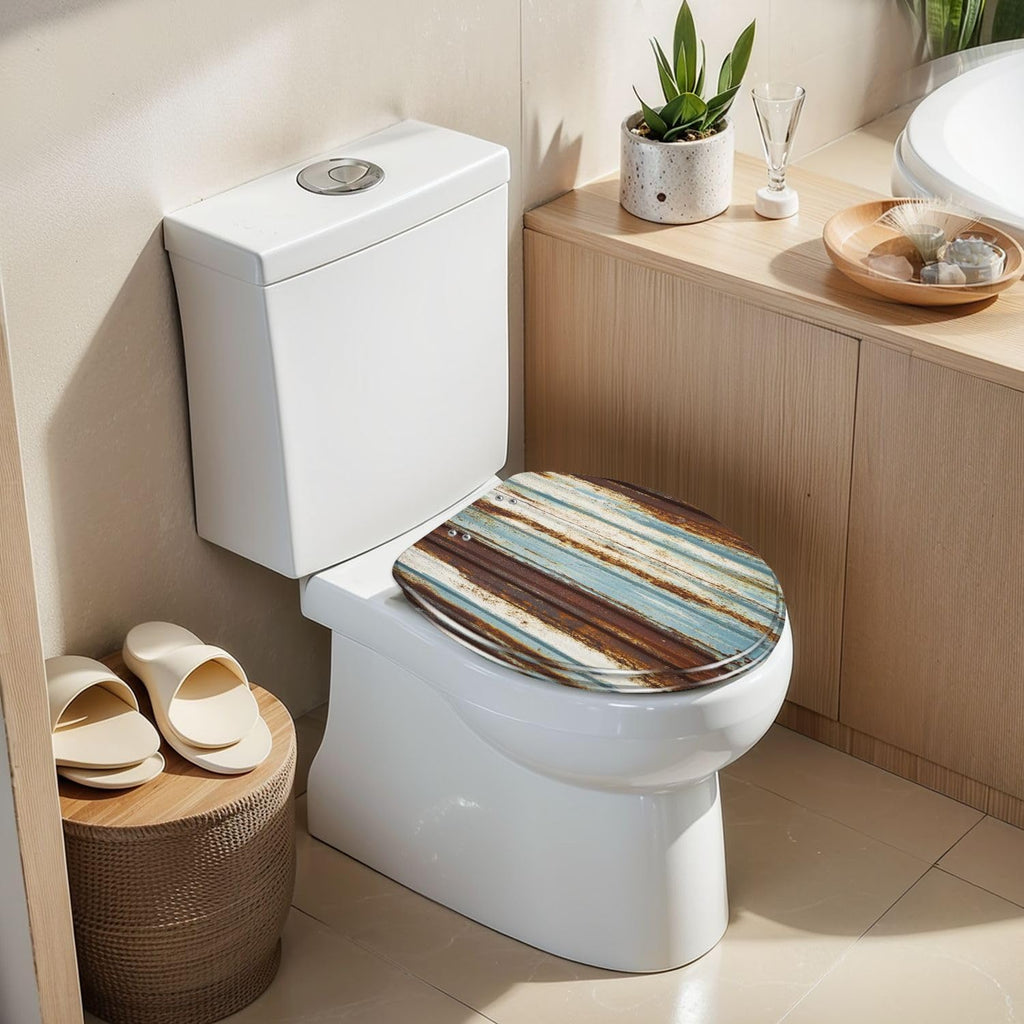 Elongated Toilet Seat Old wall texture rusty galvanized metal panel sheeting Resin Toilet Seat Slow Quiet Close Lid with Quick-Release Hinges Cover Bumpers Easy to Clean Install