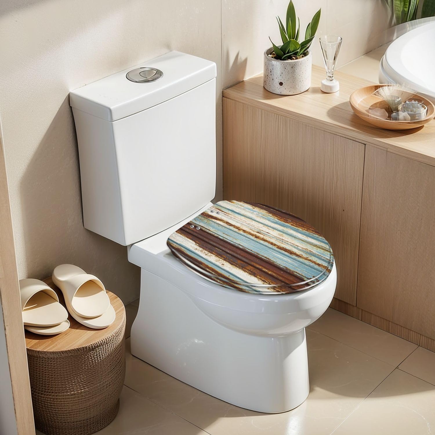 Elongated Toilet Seat Old wall texture rusty galvanized metal panel sheeting Resin Toilet Seat Slow Quiet Close Lid with Quick-Release Hinges Cover Bumpers Easy to Clean Install
