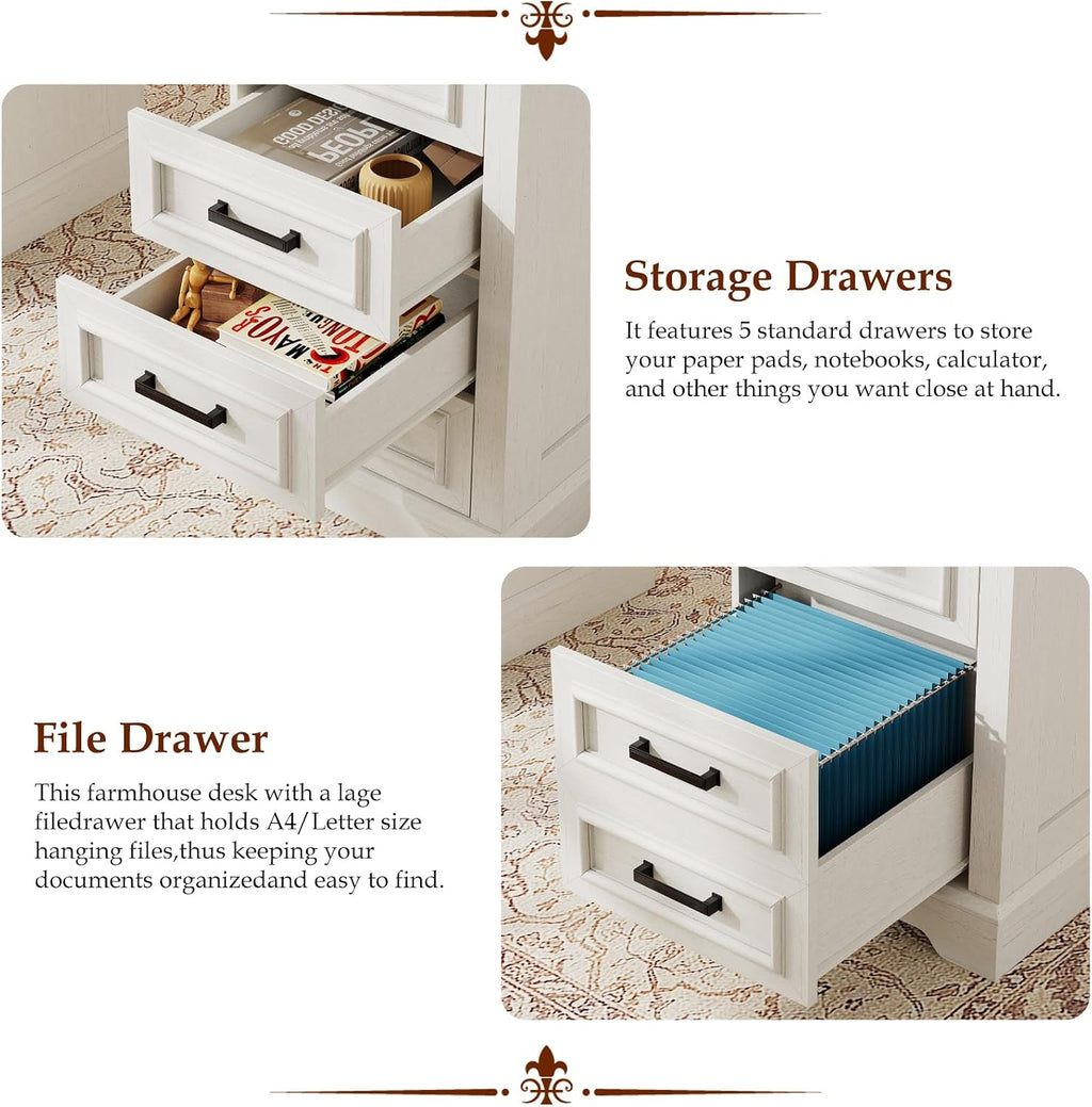 58' Executive Desk with 7 Drawers, Large Computer Desk with Charging Station , Wood Home Office Desk with File Drawer for Letter/A4 Size Hanging Files for Home Office,Rustic White and Rustic Black