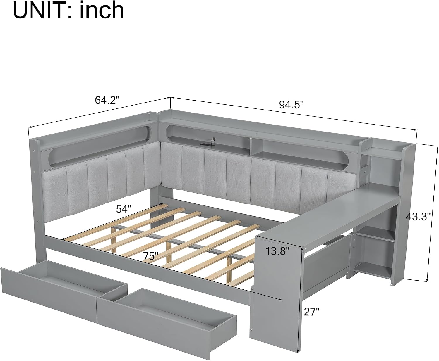 Merax Full Size Daybed Sofa Bed with Desk, 2 Drawers and Linen Upholstered Headboard and Backrest for Kids, Teens or Adults, Gray Wooden Corner Bed Platform Bed with Shelves, USB and Light