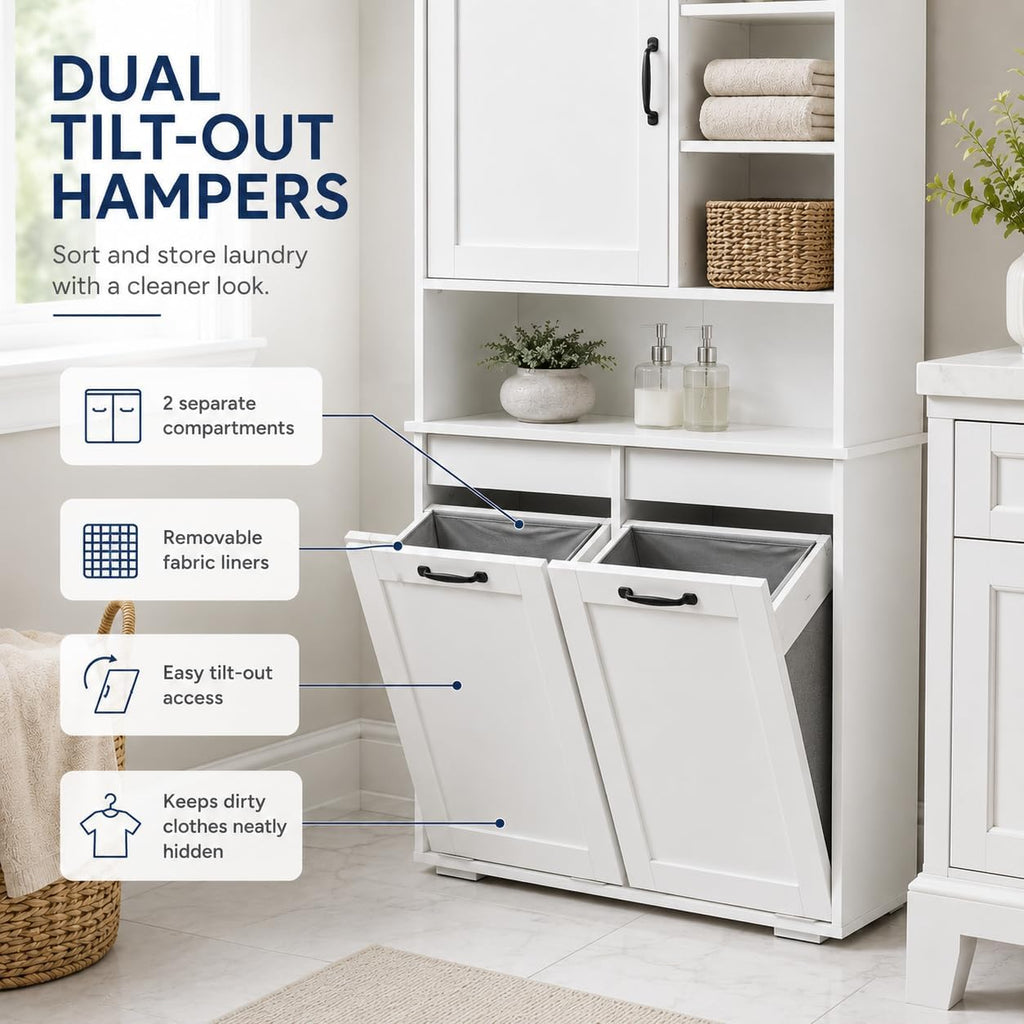 Bathroom Storage Cabinet with 2 Tilt-Out Bins, Freestanding | Particle board, MDF, melamine finish, 2 tilt-out bins, adjustable shelf, open shelves, bathroom, 31.5 W x 15.75 D x 63 H in