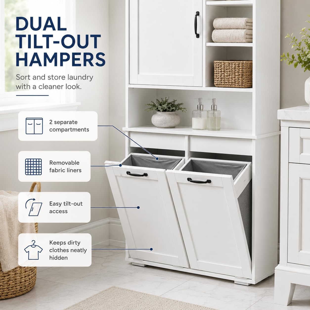 Bathroom Storage Cabinet with 2 Tilt-Out Bins, Freestanding | Particle board, MDF, melamine finish, 2 tilt-out bins, adjustable shelf, open shelves, bathroom, 31.5 W x 15.75 D x 63 H in