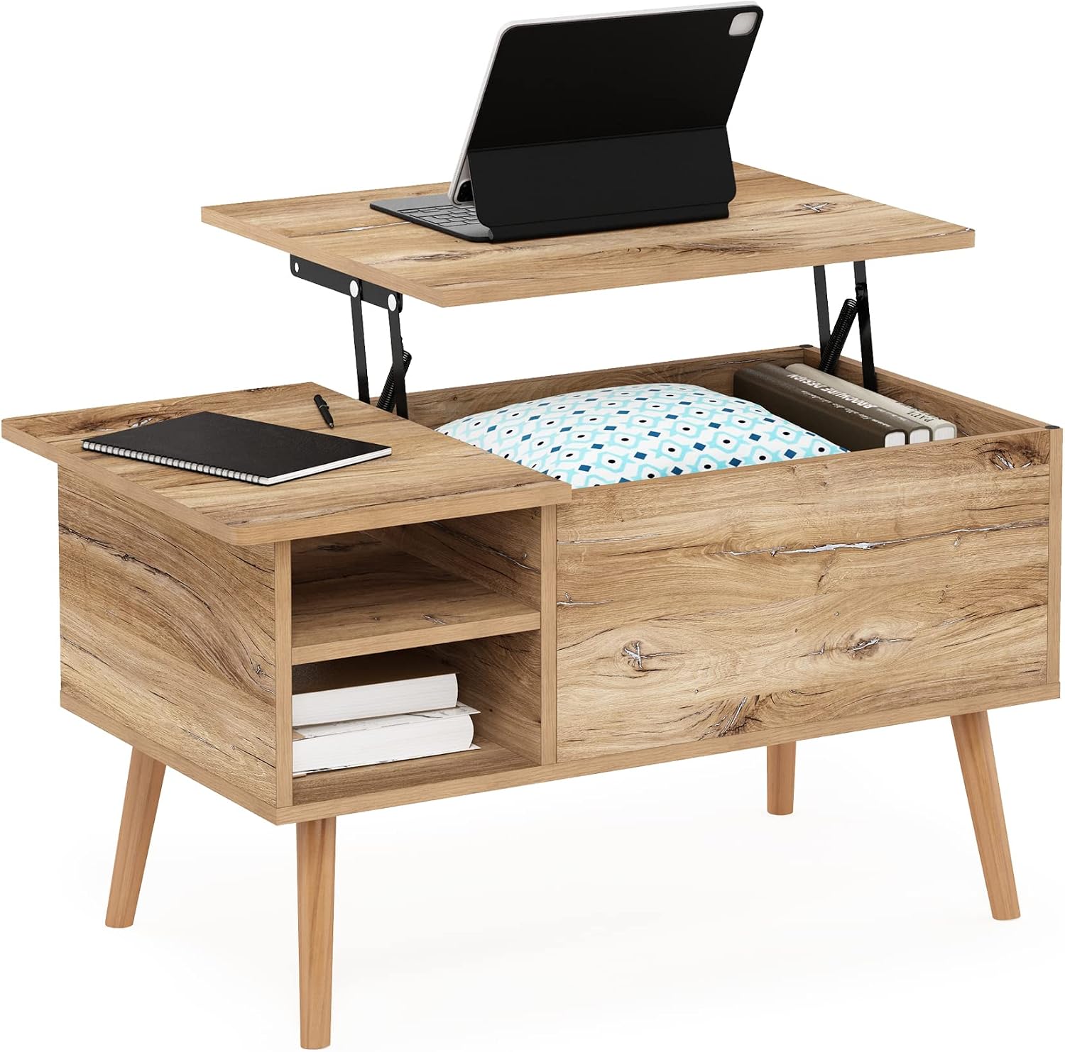 Furinno Jensen Wooden Leg Lift Top Coffee Table with Hidden Compartment and Side Open Storage Shelf for Living Room, Flagstaff Oak