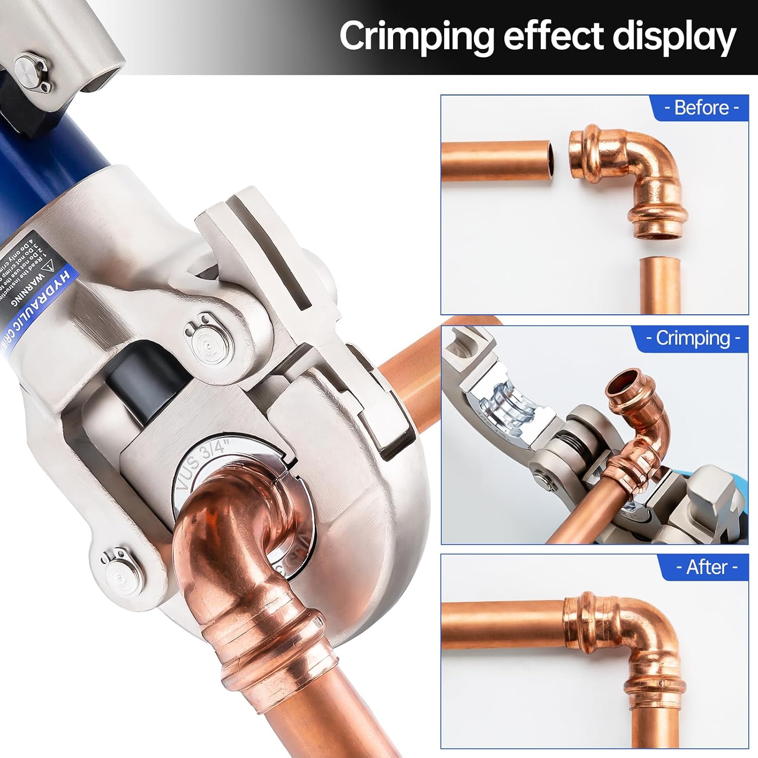 Copper Tube Fittings Hydraulic Pipe Crimping Tool with 1/2',3/4' and 1' Jaw Copper Pipe Press Crimper Pressing Pliers, with Pipe Cutter