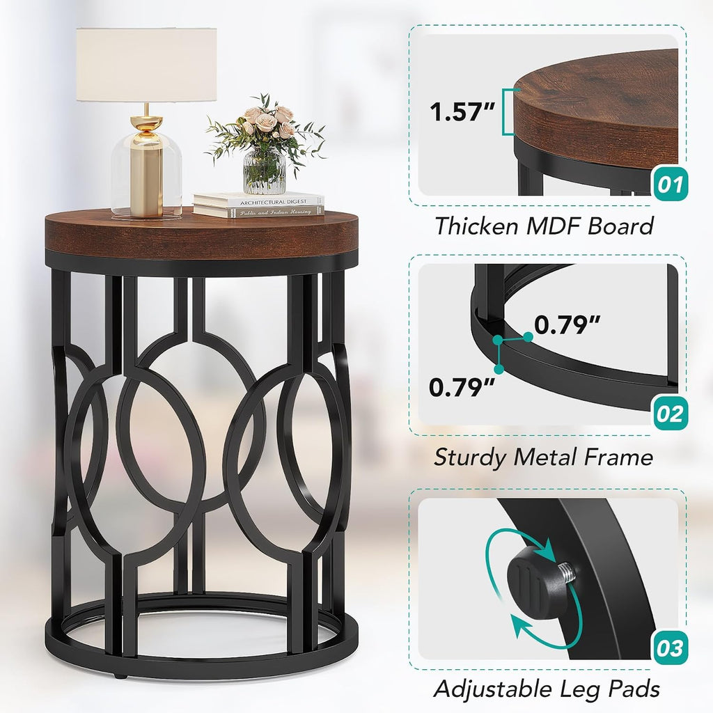Tribesigns Round End Table Set of 2, Industrial Side Table with Metal Hollow Frame, Small Bedside Table Nightstand for Living Room, Bedroom, Easy Assembly (Rustic Brown,2 PCS)