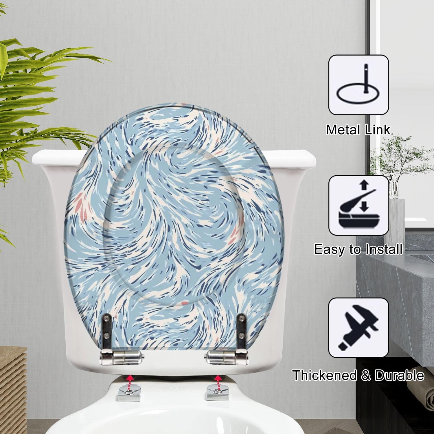 Round Toilet Seat Abstract Hand Drawing Liquid Fluid Wavy Swirl Marbling Leopard Cheetah Resin Toilet Seat Slow Quiet Close Lid with Quick-Release Hinges Cover Bumpers Easy to Clean Install