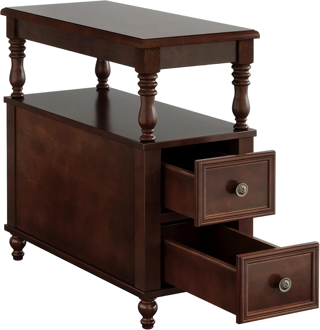 Tribesigns Wood End Table with 2 Drawers, Mid-Century Wooden Slim Side Table Nightstands with Storage Shelf, Accent Table for Living Room, Easy to Assemble (2)