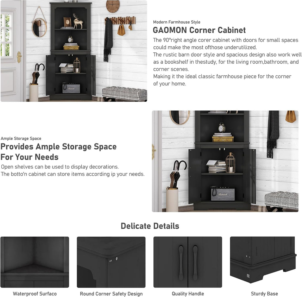 DOFFO Tall Bathroom Corner Cabinet, 69.3'H Freestanding Corner Storage Cabinet with 2 Doors and Open Shelves, Bathroom Floor Storage Display Organizer for Living Room, Dining Room and Kitchen (Black)