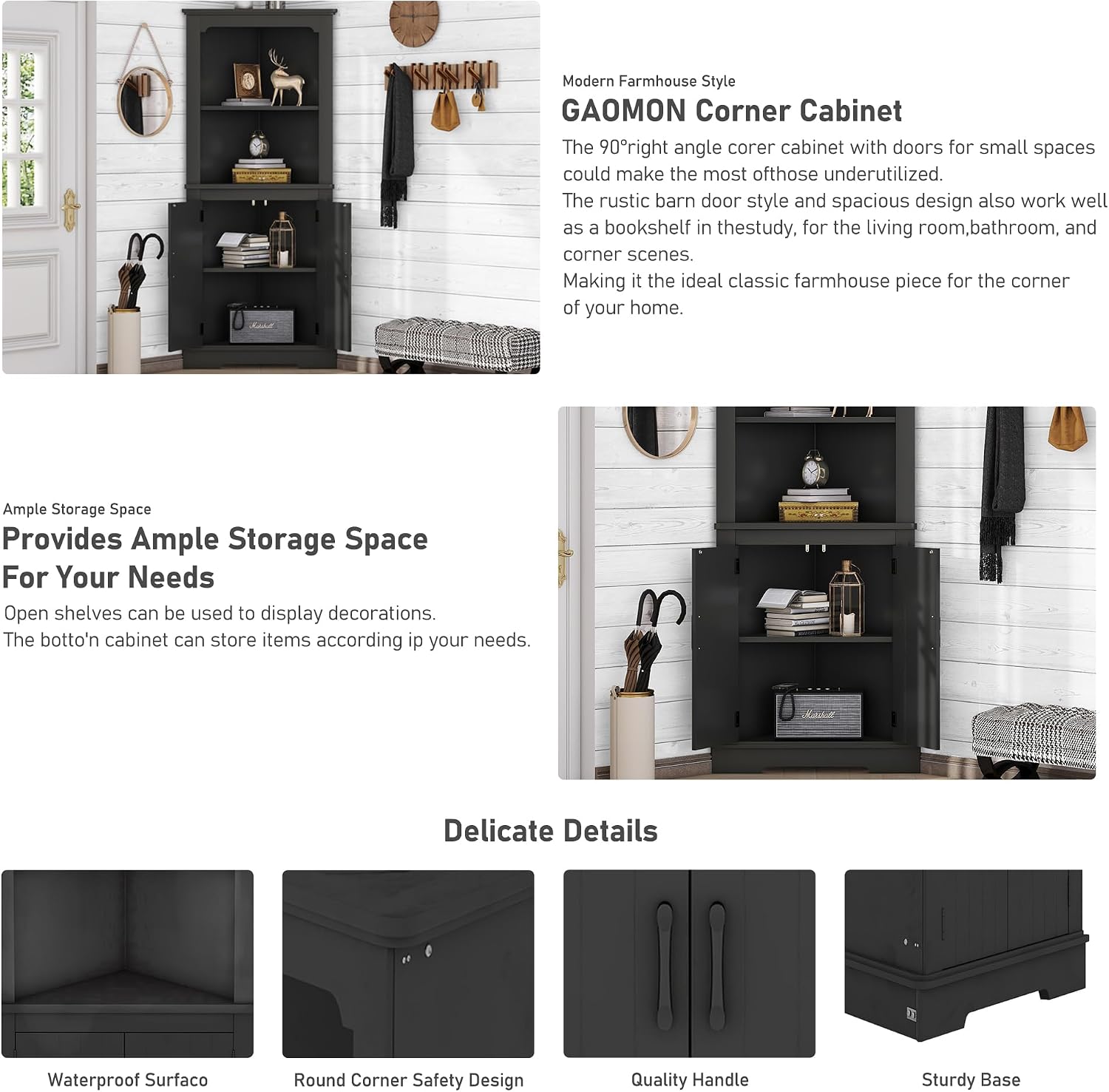 DOFFO Tall Bathroom Corner Cabinet, 69.3'H Freestanding Corner Storage Cabinet with 2 Doors and Open Shelves, Bathroom Floor Storage Display Organizer for Living Room, Dining Room and Kitchen (Black)