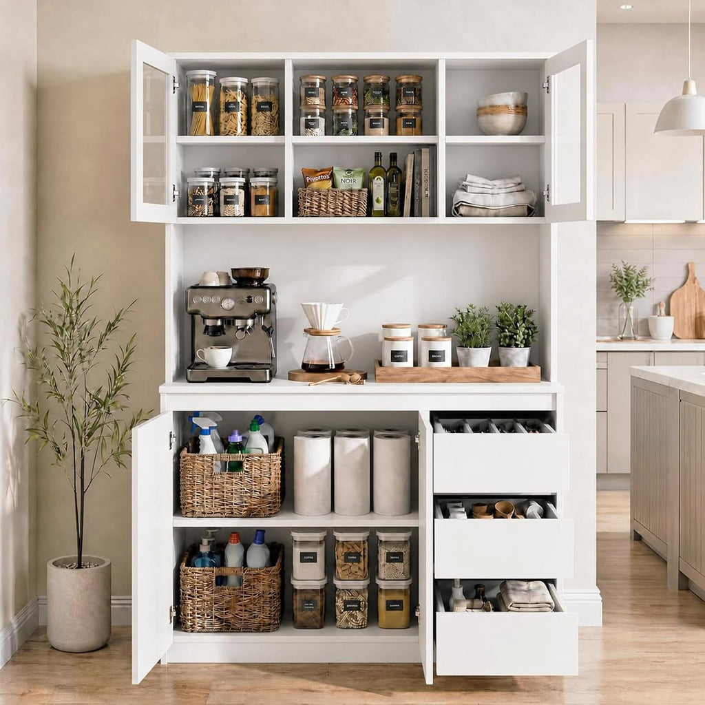 71' Kitchen Pantry Cabinet,Tall Storage Cabinet with Doors & Shelves Adjustable, Kitchen Storage Hutch with Microwave Shelf,Coffee Bar,Led Lights&Charging Station,Corner Pantry Cabinet for Living Room