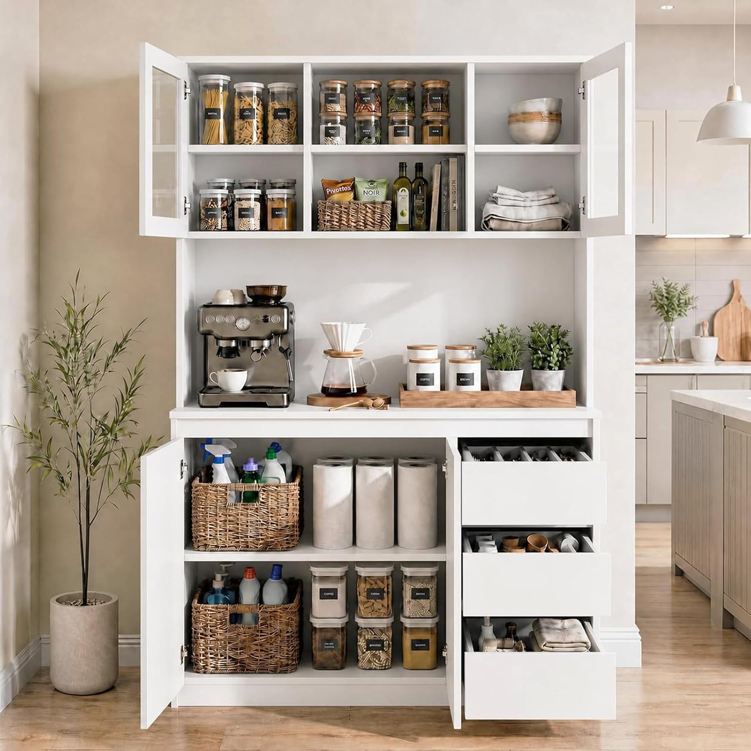 71' Kitchen Pantry Cabinet,Tall Storage Cabinet with Doors & Shelves Adjustable, Kitchen Storage Hutch with Microwave Shelf,Coffee Bar,Led Lights&Charging Station,Corner Pantry Cabinet for Living Room
