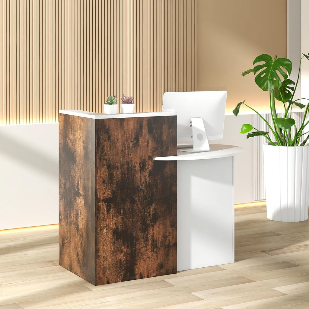 Giantex Reception Desk, Front Counter Desk with Lockable Drawer, Retail Counter Checkout Table with Round Tabletop, Corner Shelf & Adjustable Shelf for Office Beauty Salon Retail Store (Brown)
