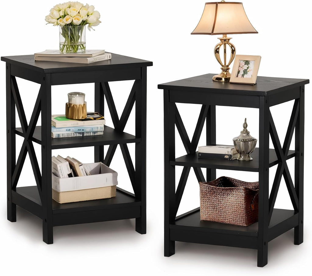 PHI VILLA Black End Table for Living Room Set of 2, Couch Side Tables/Nightstand/Bedside Table