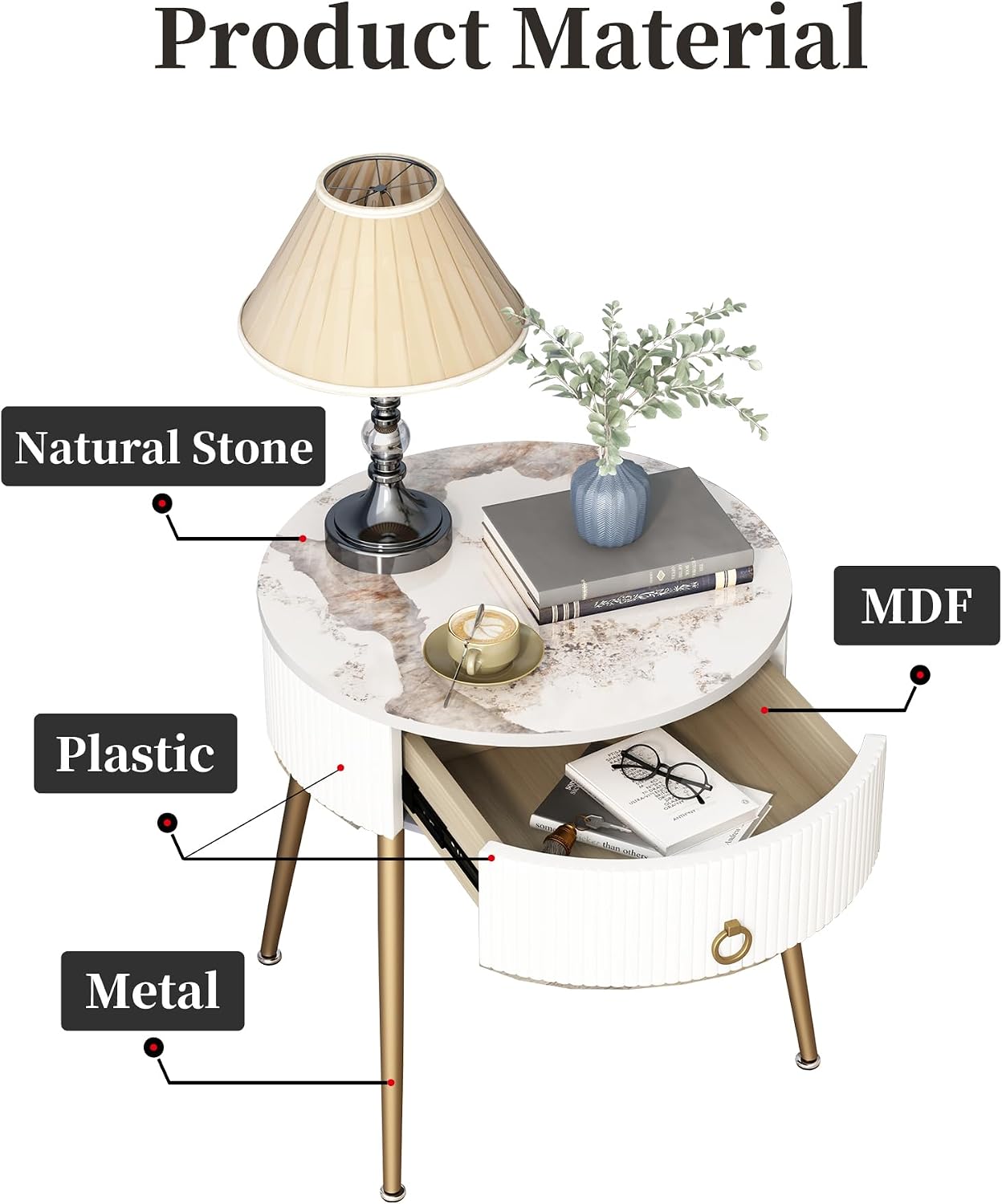 OIOG Round Nightstand with Drawer, Modern Side Table with Marbling Natural Stone Tabletop and Metal Legs, Small End Table with Storage for Living Room and Bedroom, Gold