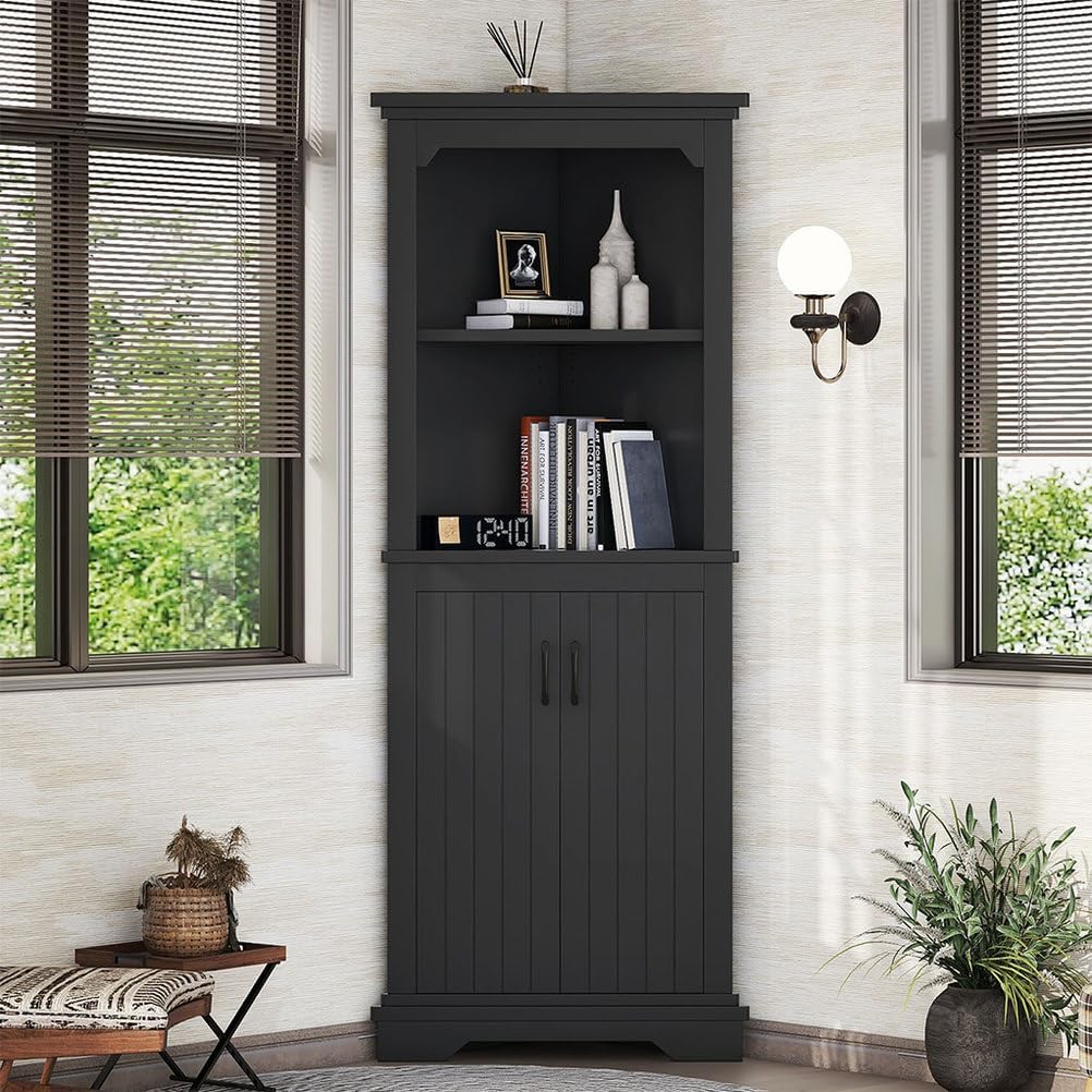 Corner Cabinet, Farmhouse Tall Corner Cabinet with Doors and Adjustable Shelves, Bar Storage Cabinets with Home Space Saver for Kitchen, Living Rooms, Laundry Room (Black)