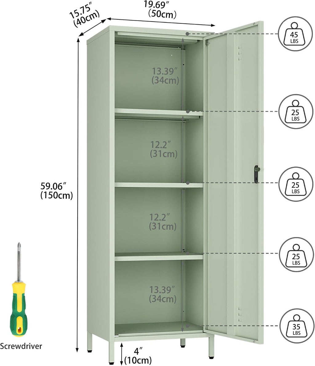 Steehoom Metal Storage Cabinet for Employees, Tall Metal Locker Lockable Kids Locker with 3 Adjustable Shelves 59.06-inch high for School, Living Room, Home, Office, Garage (Green, H59.06'')