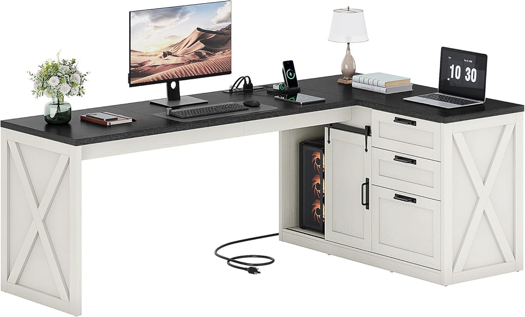 Farmhouse L Shaped Office Desk with Drawers 78 Inch L Shape Desk Executive Office Desk with File Cabinet Storage Shelves and Power Outlets for Home Office, White and Black