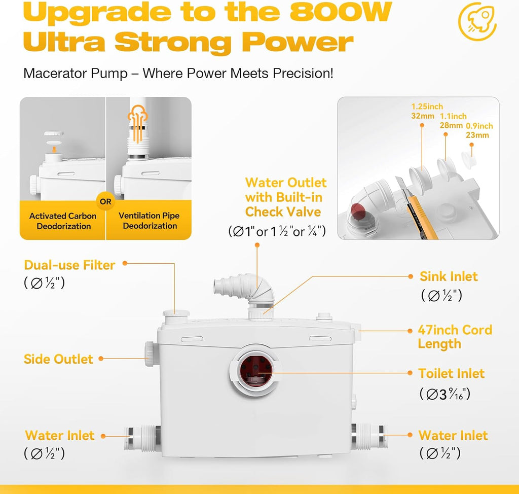 INEFLO 800W Macerating Toilet with Pump for Basement Upflush System, Sewer Grinder Pump with 4 Inlets for Sink/Shower/Laundry Wastewater Disposal, Patented Top Access Panel, 36ft Lifting Up