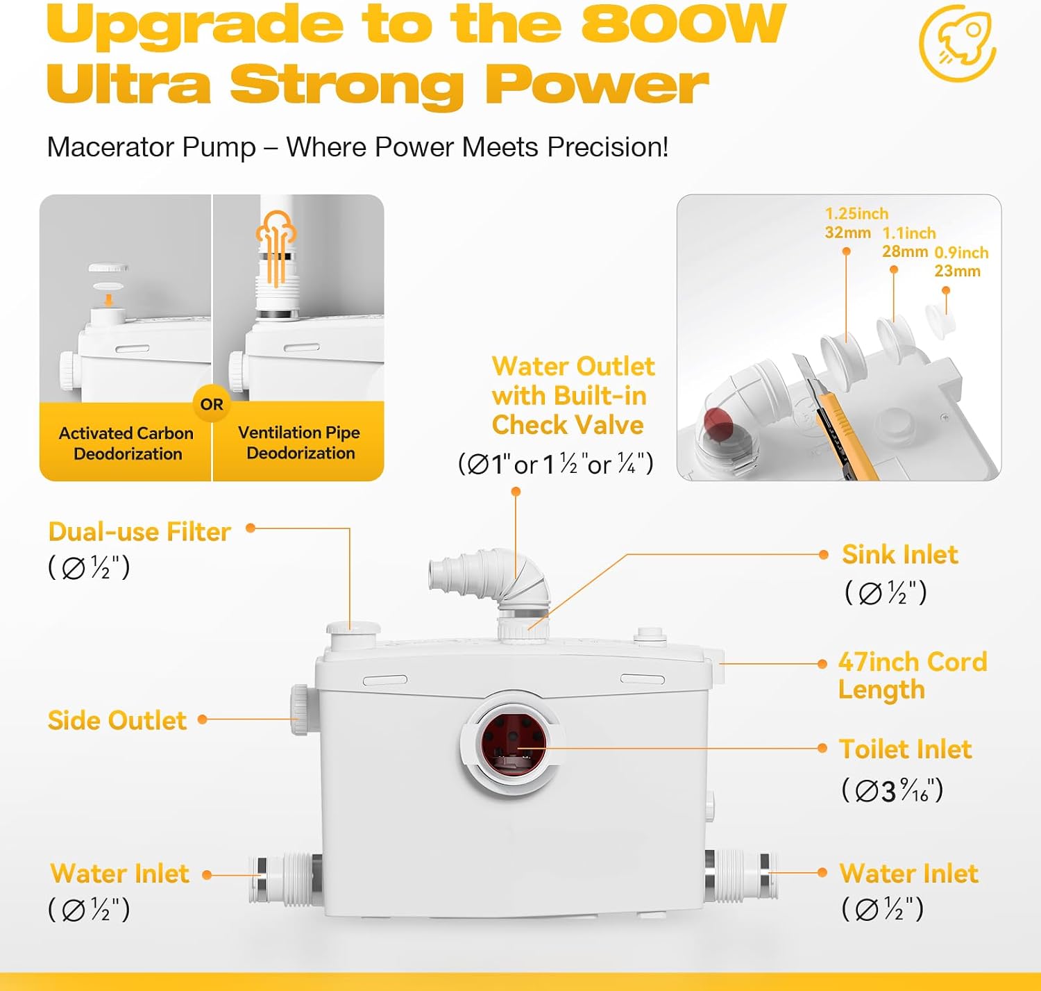 INEFLO 800W Macerating Toilet with Pump for Basement Upflush System, Sewer Grinder Pump with 4 Inlets for Sink/Shower/Laundry Wastewater Disposal, Patented Top Access Panel, 36ft Lifting Up
