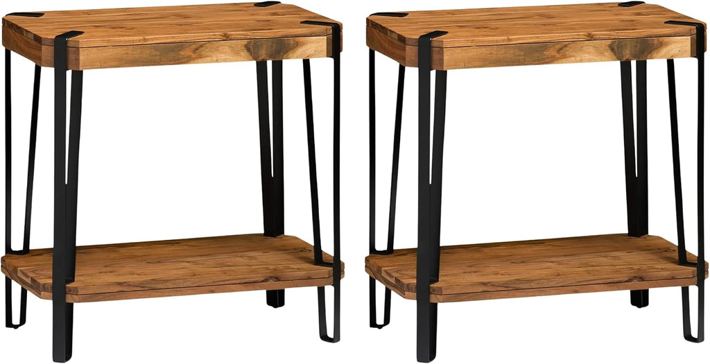 Ryegate Live Edge Modern End Tables Set of 2-2-Tier Acacia Wood Nightstands with Storage Shelf and Metal Legs - 17in Narrow Side Table Set for Living Room or Bedroom by Alaterre Furniture (Natural)