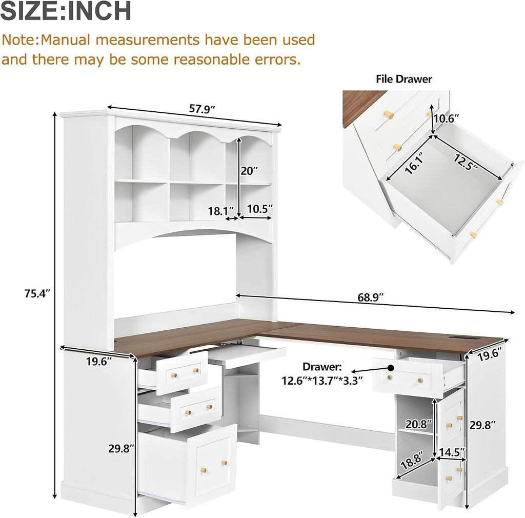 L-Shaped Computer Desk with Keyboard Tray | Charging Stations,Corner Desk with Arched Hutch, All-in-One Home Office Desk for Study, Office