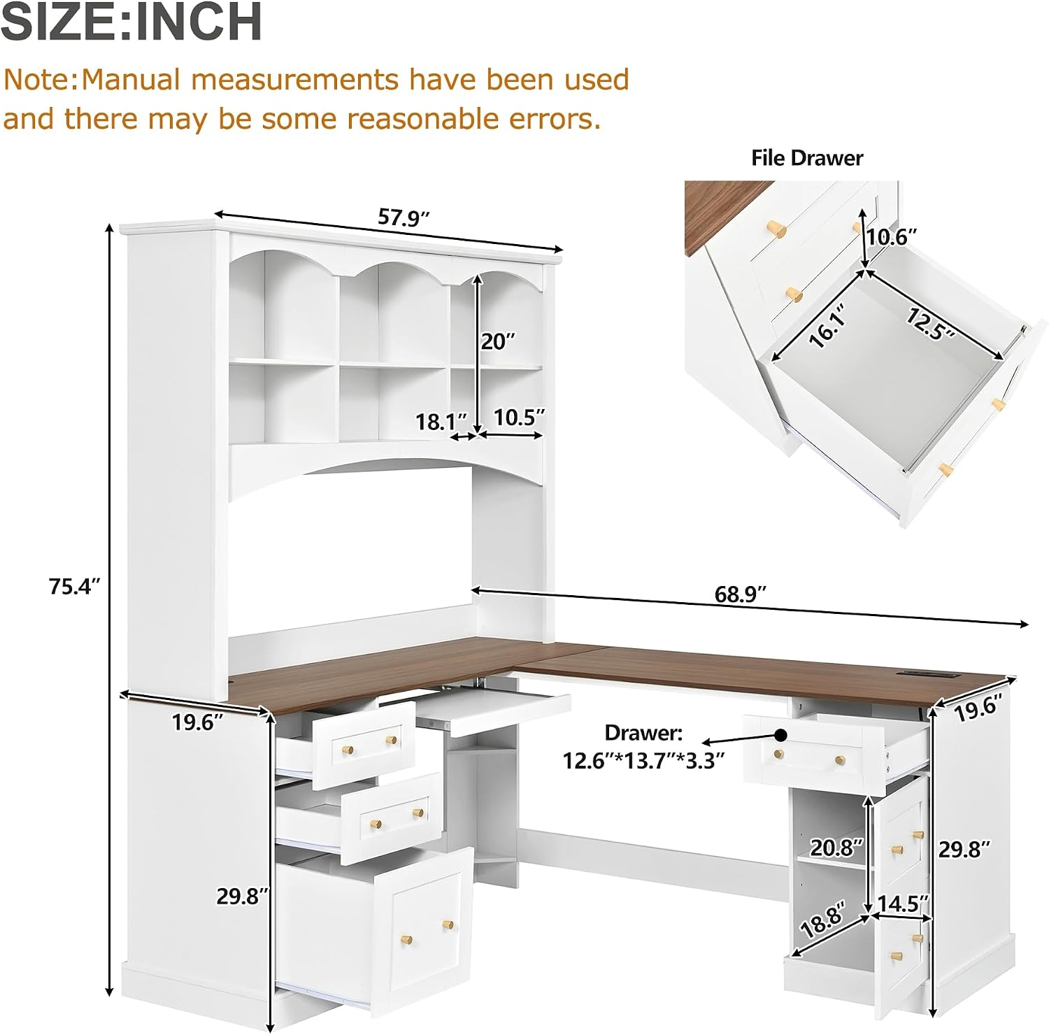 L-Shaped Computer Desk with Keyboard Tray | Charging Stations,Corner Desk with Arched Hutch, All-in-One Home Office Desk for Study, Office