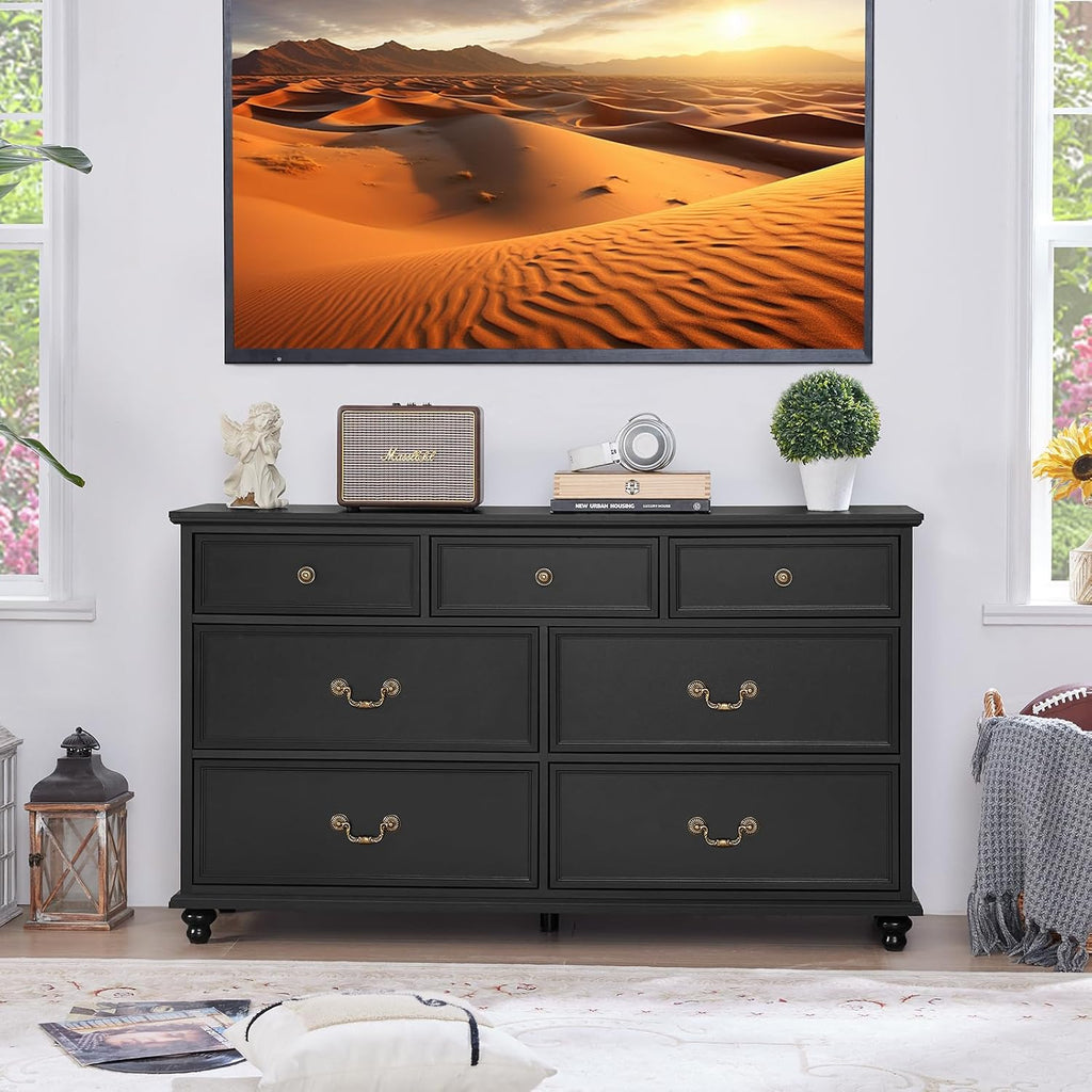 Joaxswe Farmhouse 54' 7 Drawers Dresser for Bedroom, Wide Chest of Drawers w/ 4 Wooden Legs, Vintage Large Closet Storage Dressers Organizer for Hallway, Wood Rustic TV Stand for Living Room, Black