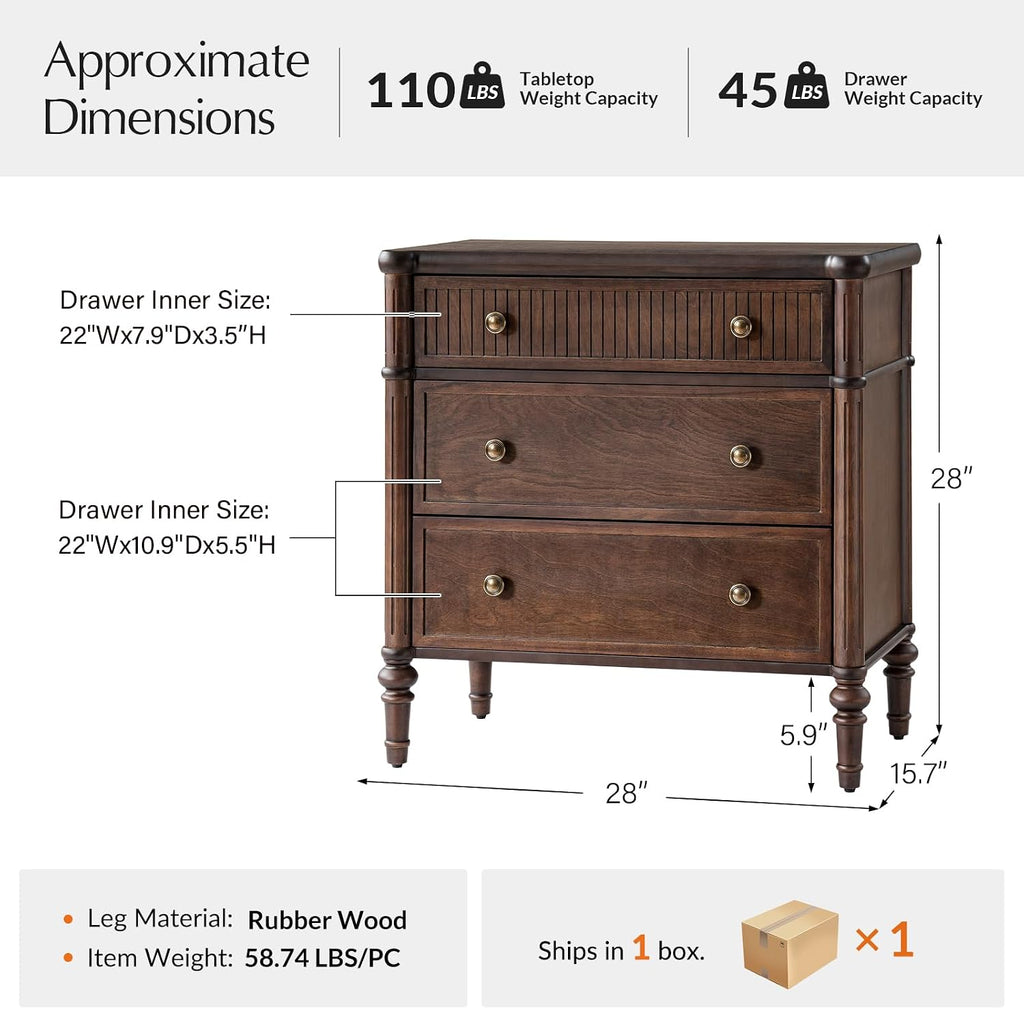 HULALA HOME Traditional End Table with Charging Station, Fluted End Tables with Wood Drawers and Solid Wood Spindle Legs, 28 Inch Wide Storage, Walnut