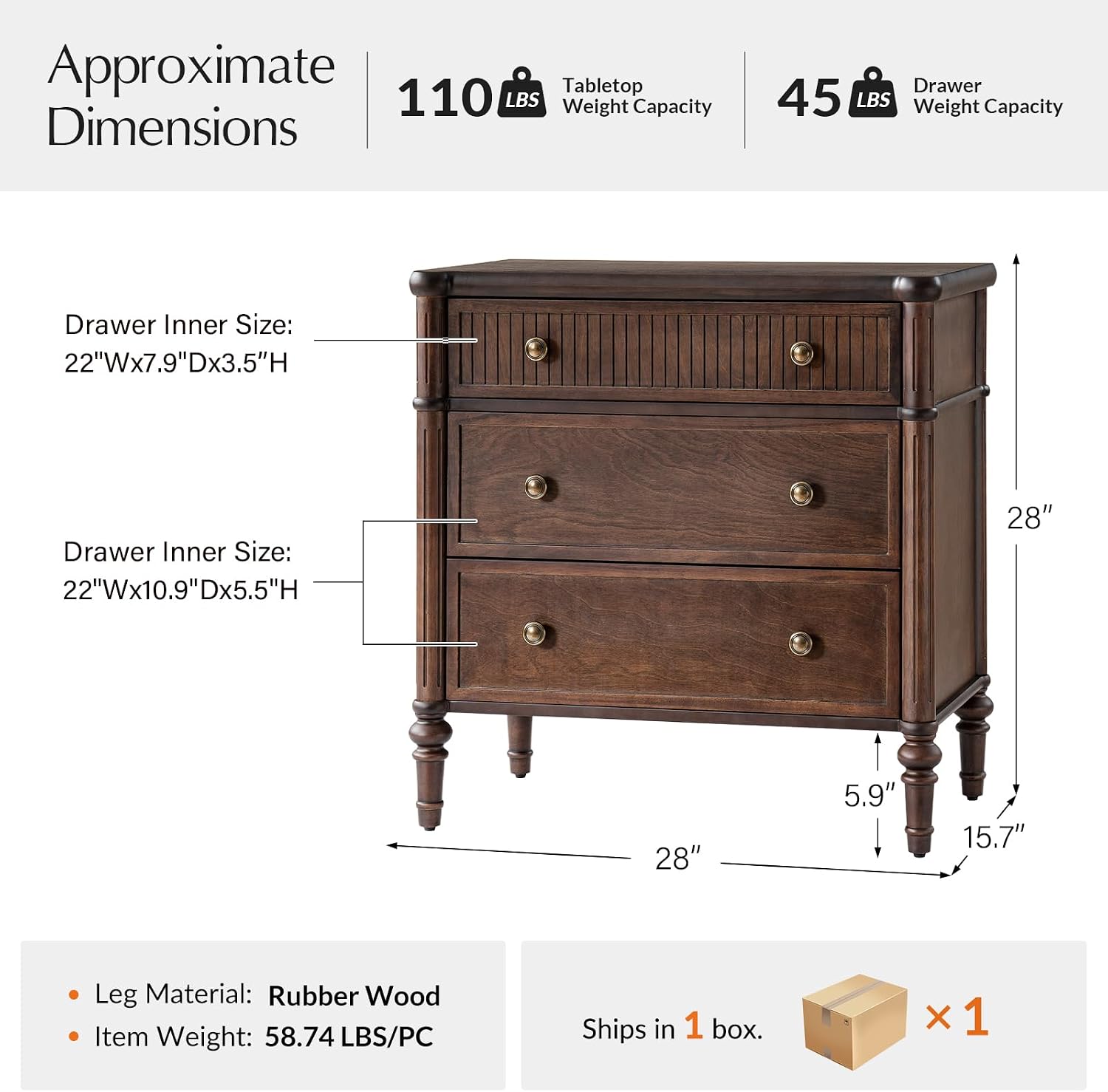 HULALA HOME Traditional End Table with Charging Station, Fluted End Tables with Wood Drawers and Solid Wood Spindle Legs, 28 Inch Wide Storage, Walnut