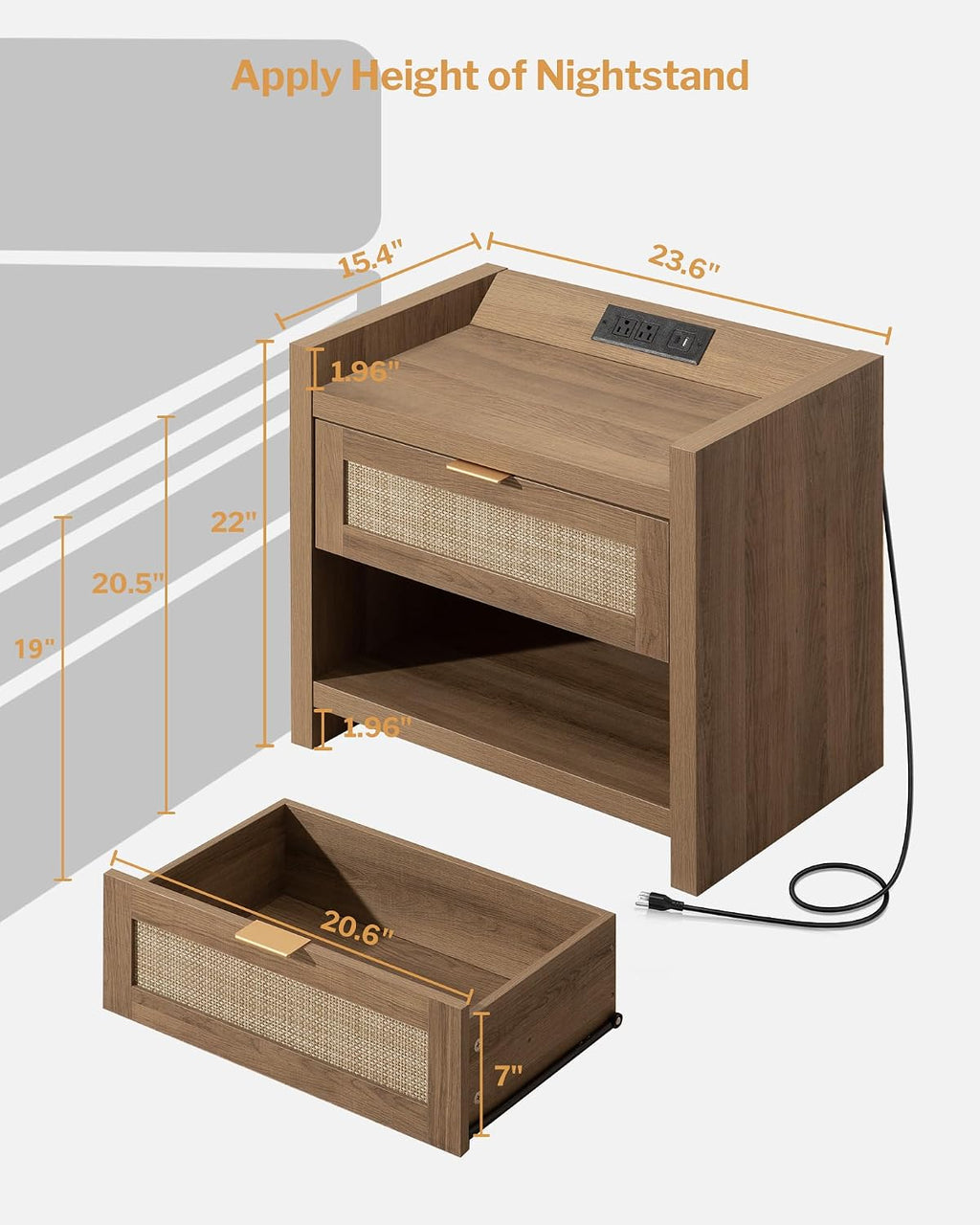 SICOTAS Night Stand Set of 2 Nightstands - Rattan Bed Side Table with Drawer Storage,Type-C Charging Station End Table - Boho Bedside Night Stands for Bedroom - Natural Oak