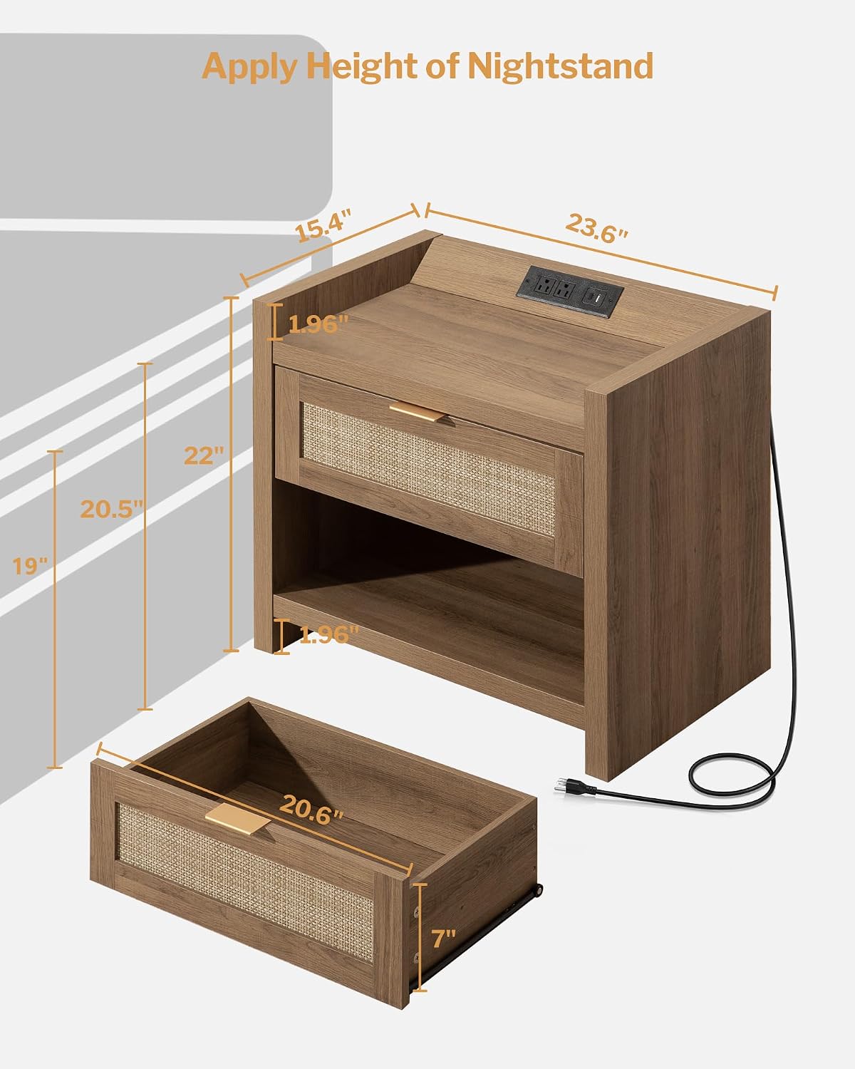 SICOTAS Night Stand Set of 2 Nightstands - Rattan Bed Side Table with Drawer Storage,Type-C Charging Station End Table - Boho Bedside Night Stands for Bedroom - Natural Oak