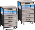 SZLHANJZ Night Stand Set of 2, Nightstands with Charger Station and LED Lights, End Tables Set with 3 Fabric Drawers, Storage Side Tables for Bedside, Living Room, Greige
