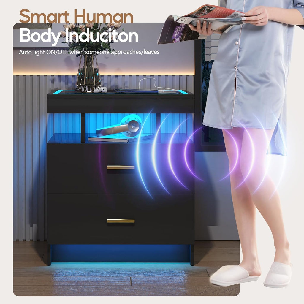 LED Nightstand with Wireless Charging Station,Black Night Stand with 2 Drawers,Glass Top Smart Bedside Table,Modern End Table Side for Bedroom,Living Room,Office