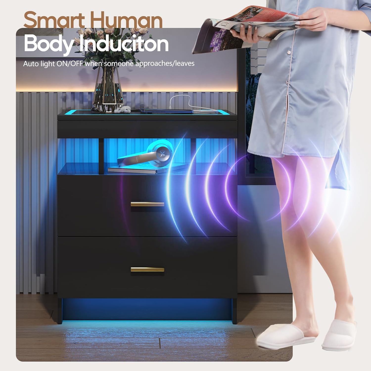 LED Nightstand with Wireless Charging Station,Black Night Stand with 2 Drawers,Glass Top Smart Bedside Table,Modern End Table Side for Bedroom,Living Room,Office