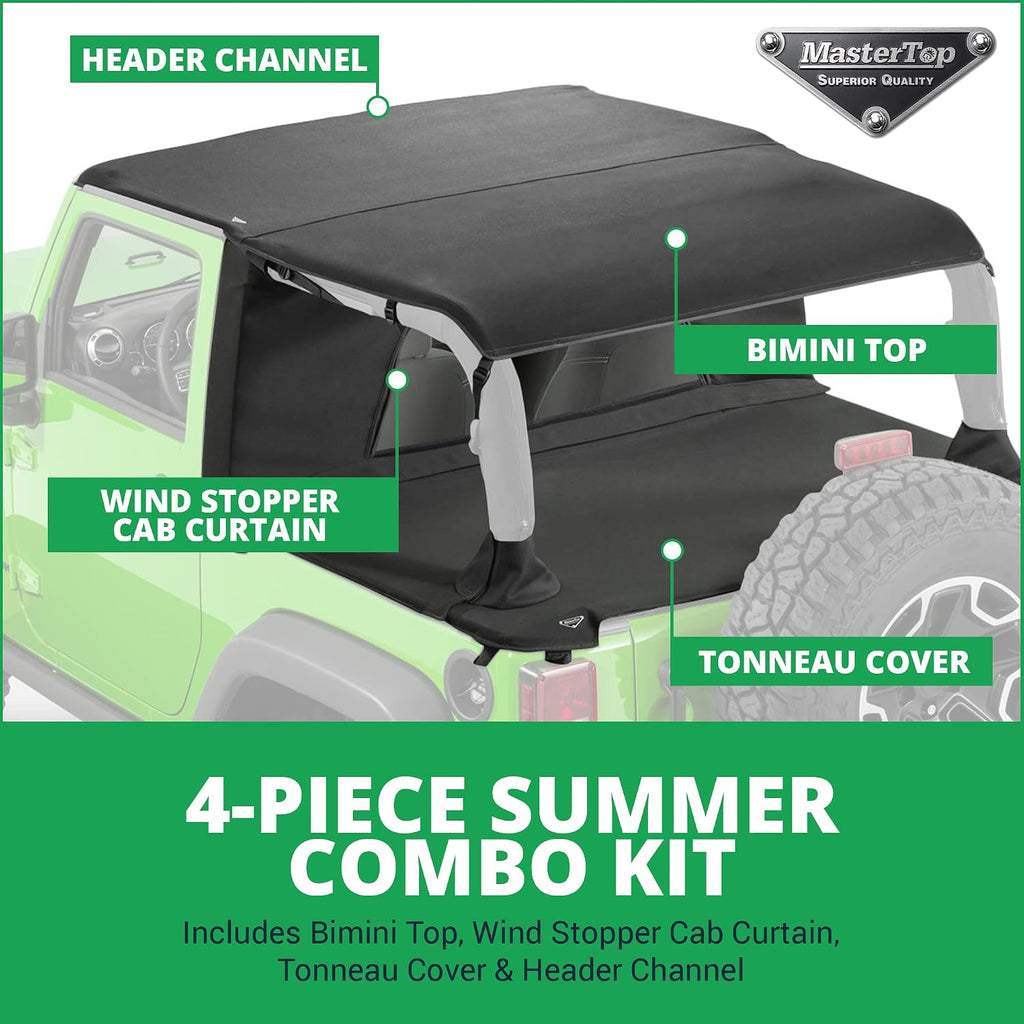 MasterTop 3-Piece Ultimate Summer Soft Top Combo - Bimini Soft Top, Wind Stopper Cab Curtain, and Tonneau Deck Cargo Cover - Fits Jeep Wrangler JK 2-Door 2007-2009 - Black MasterTwill