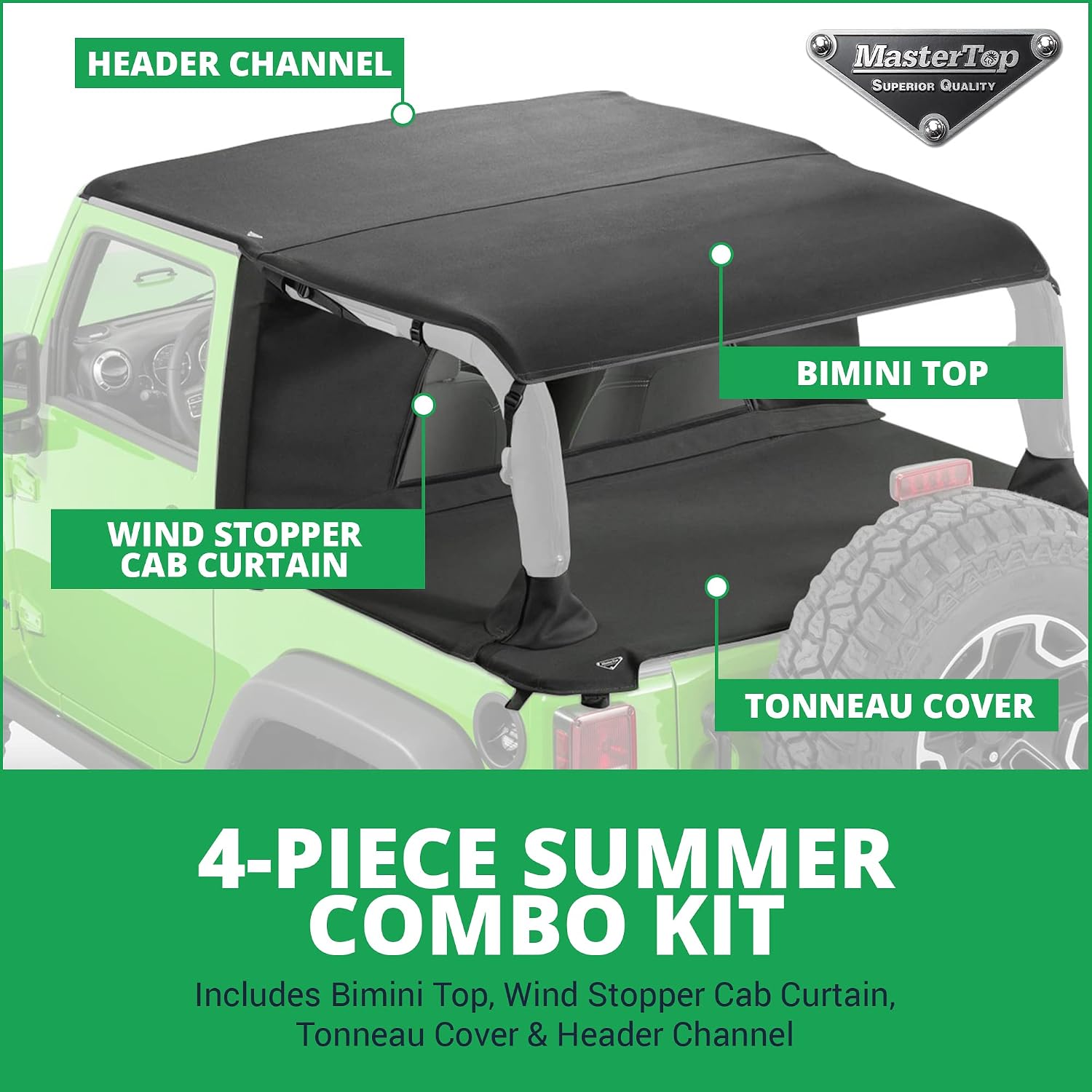MasterTop 3-Piece Ultimate Summer Soft Top Combo - Bimini Soft Top, Wind Stopper Cab Curtain, and Tonneau Deck Cargo Cover - Fits Jeep Wrangler JK 2-Door 2007-2009 - Black MasterTwill