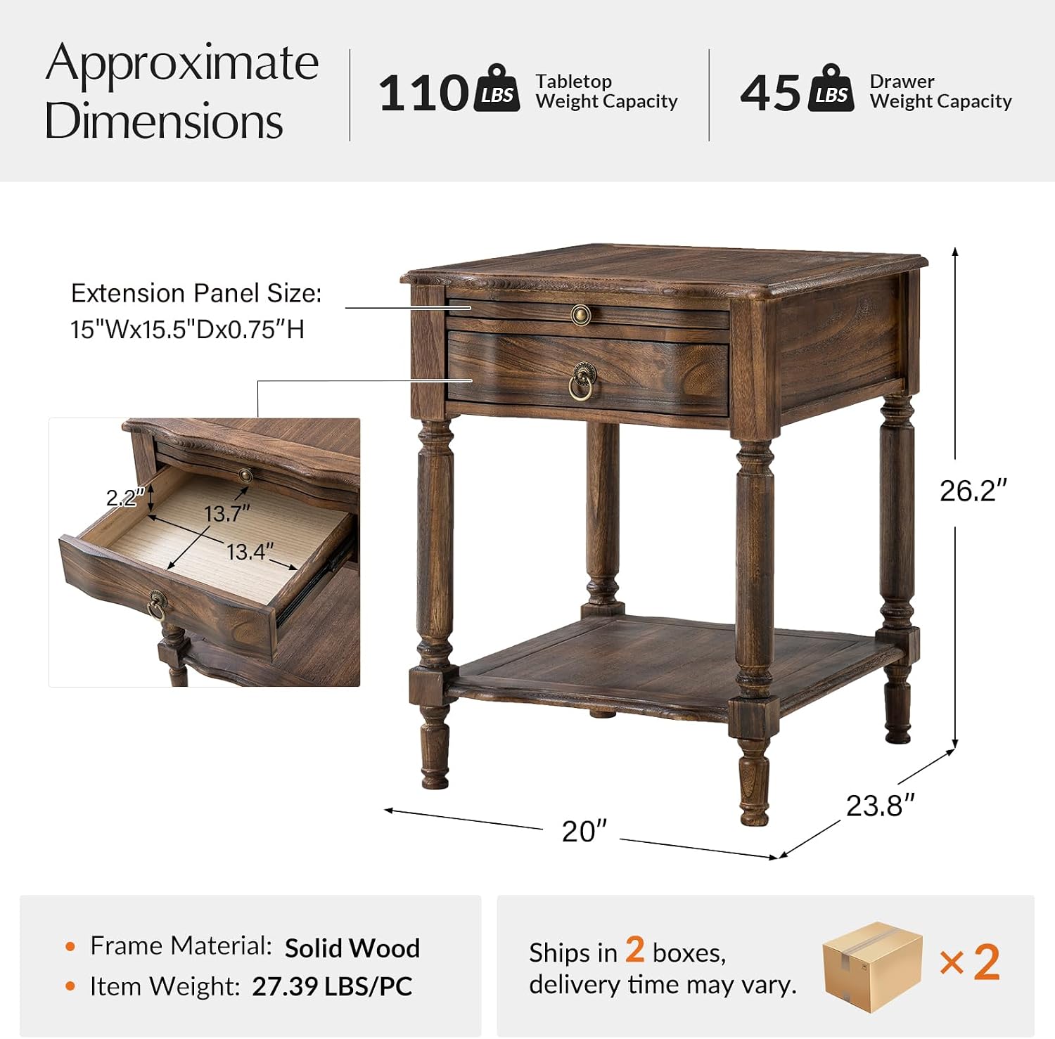 HULALA HOME Small End Table with Charging Station, Solid Wood Side Table with a Drawer & Open Shelf, Vintage Finish, Spindle Legs(Walnut, Set of 2)