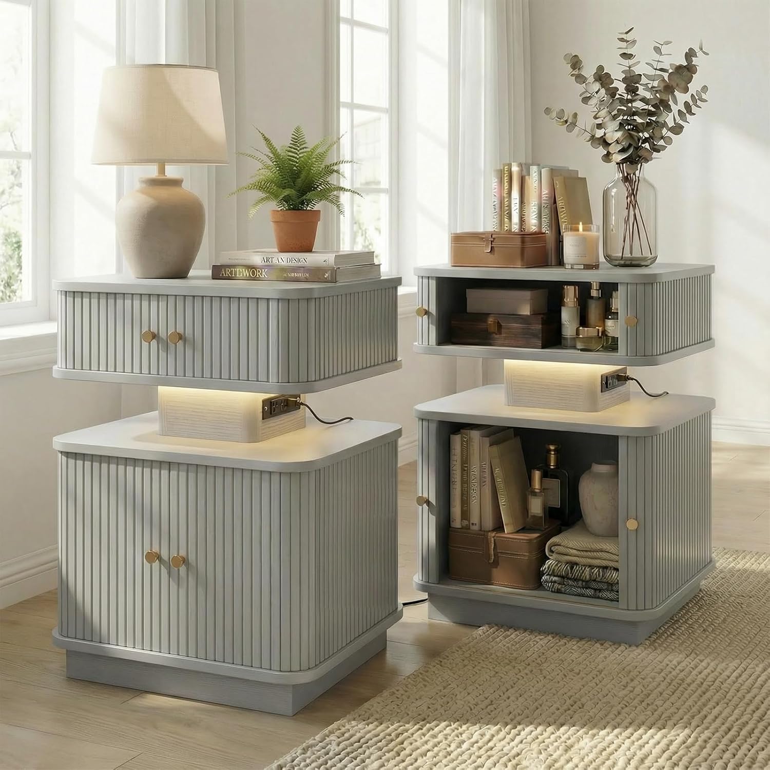 Set of 2 LED Light End Table with Charging Station, Grey Mid Century Bedside Table with USB Type A C Ports, Small Fluted Accent TV Control Nightstand with Sliding Door for Living Room, Curvy Edge