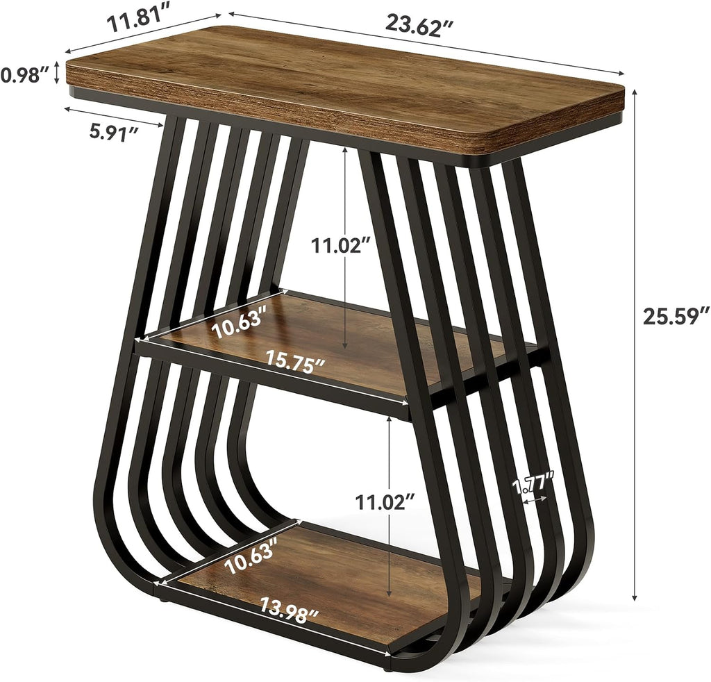 LITTLE TREE End Table for Living Room, 3-Tier Side Table for Small Spaces, Industrial Narrow Side Table with Storage Shelf in Oak Brown and Black (Set of 2)