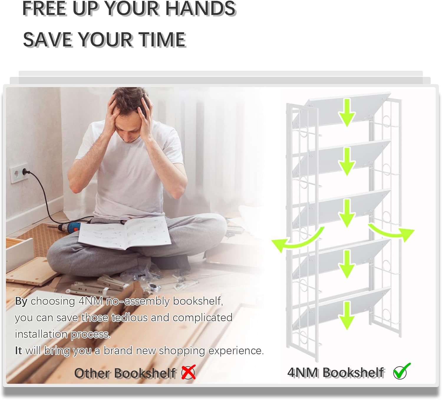 4NM No Assembly 5 Tiers Folding Bookshelf, 59.4' H Foldable Storage Shelves Vintage Bookcase Standing Racks Study Organizer Home Office - All White