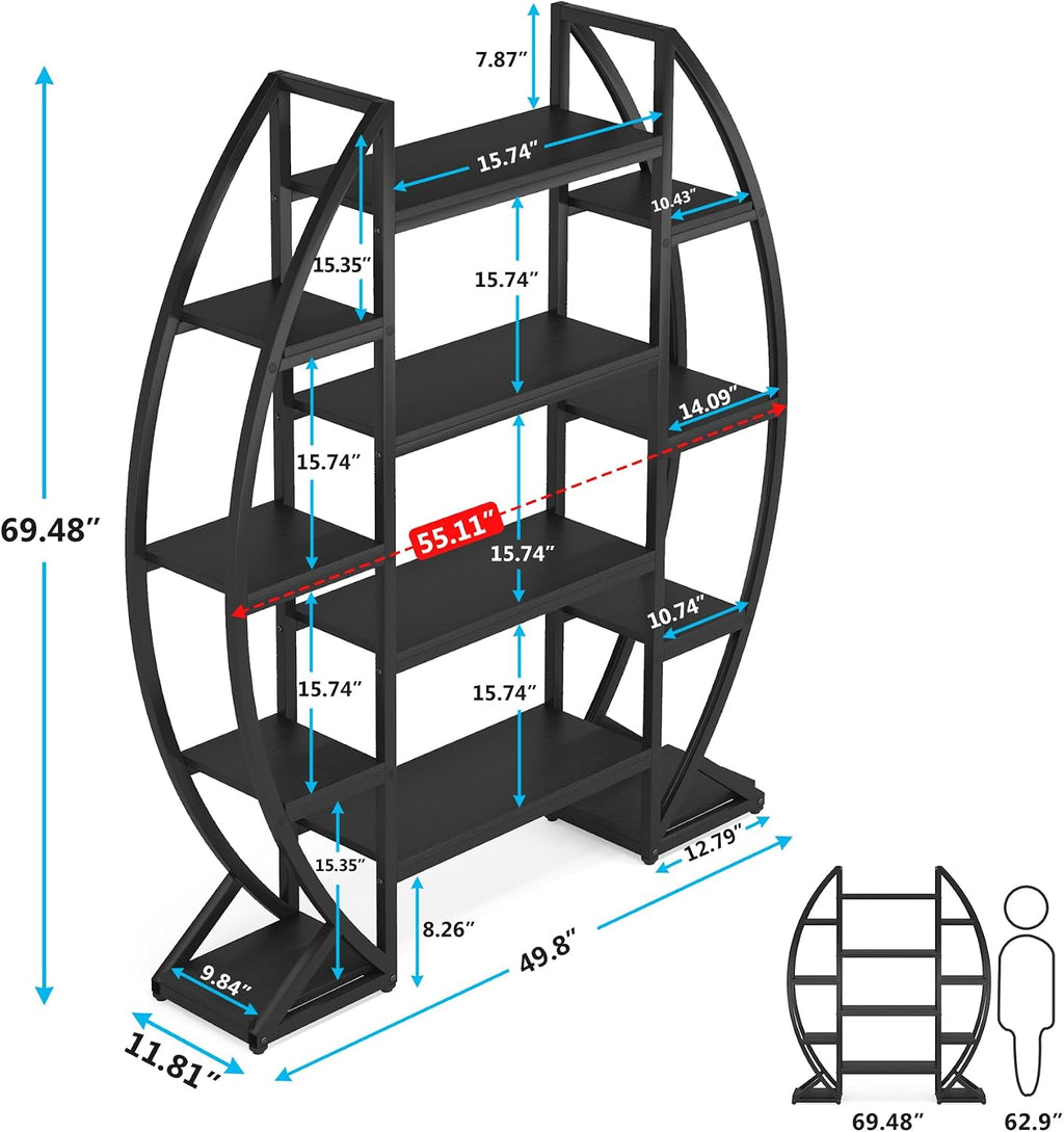 Tribesigns Oval Bookshelf, Triple Wide 5 Tiers Etagere Bookcases, Industrial Display Shelves for Living Room (55', Black)