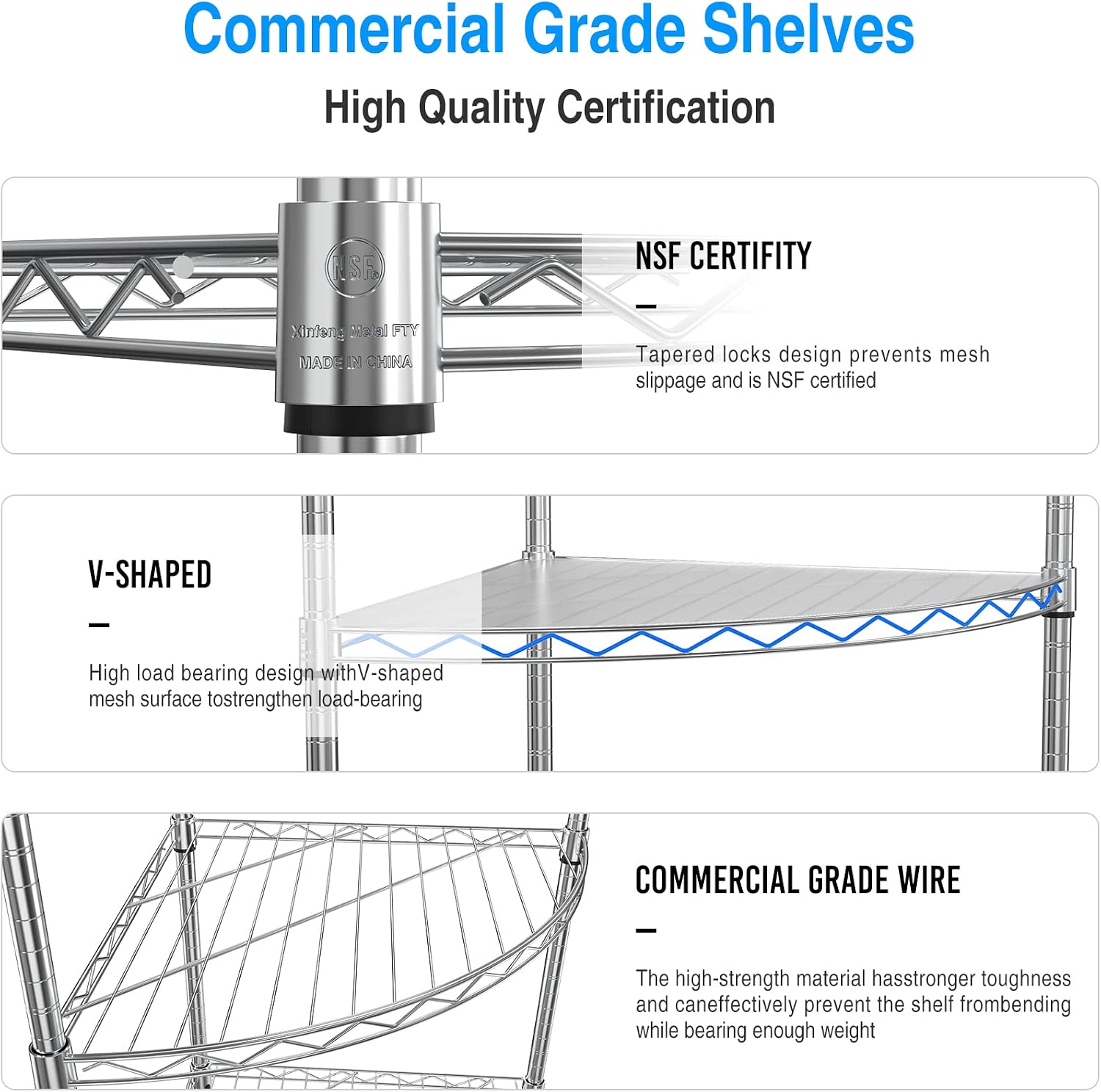 NSF 6-Tier Metal Corner Shelf Wire Shelving Unit - 420 lbs Capacity, Adjustable, with leveling feet & Waterproof Shelf Liners - Ideal for Garage, Kitchen, and More - 72' H x 18' L x 18' D - Chrome