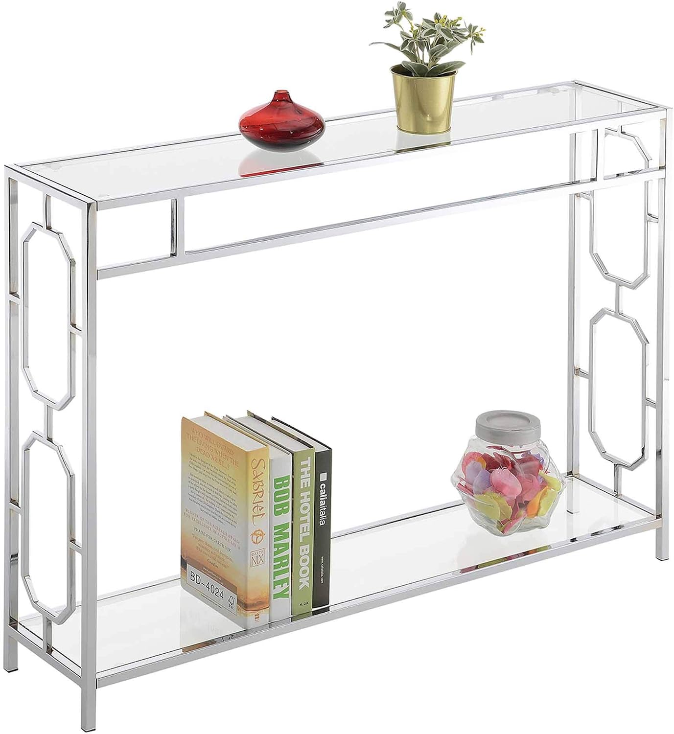 Convenience Concepts Omega Chrome Console Table 42' - Contemporary Modern Sofa Table with Storage Shelf, Narrow Entryway Hall Table for Living Room, Bedroom, Bathroom, Glass/Chrome