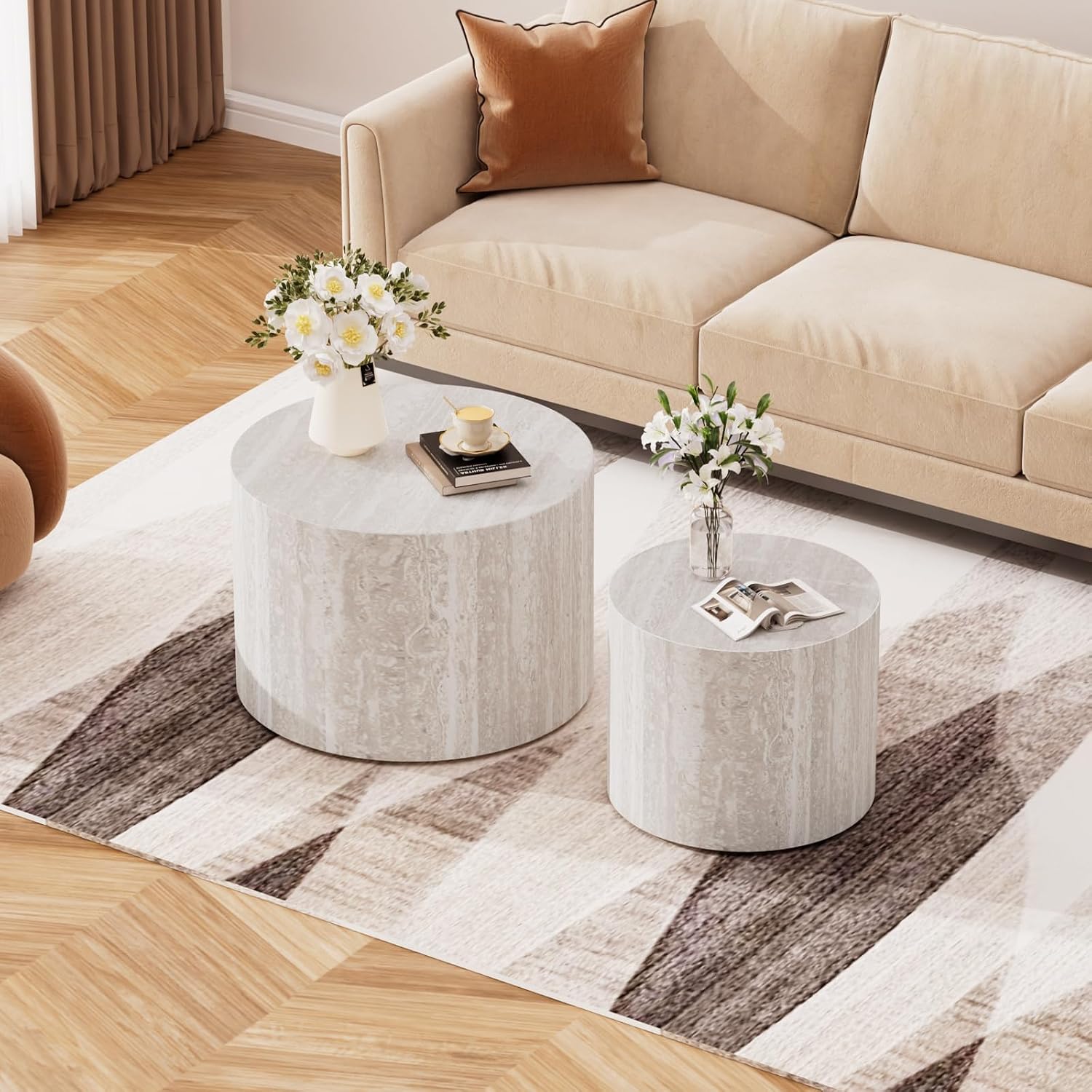 WXFKLDJ Round Nesting Coffee Table Set Cylindrical Wooden Coffee Table Sofa Center Table Circle Embossed Design Side Table for Living Room Apartment No Assembly (Marble)