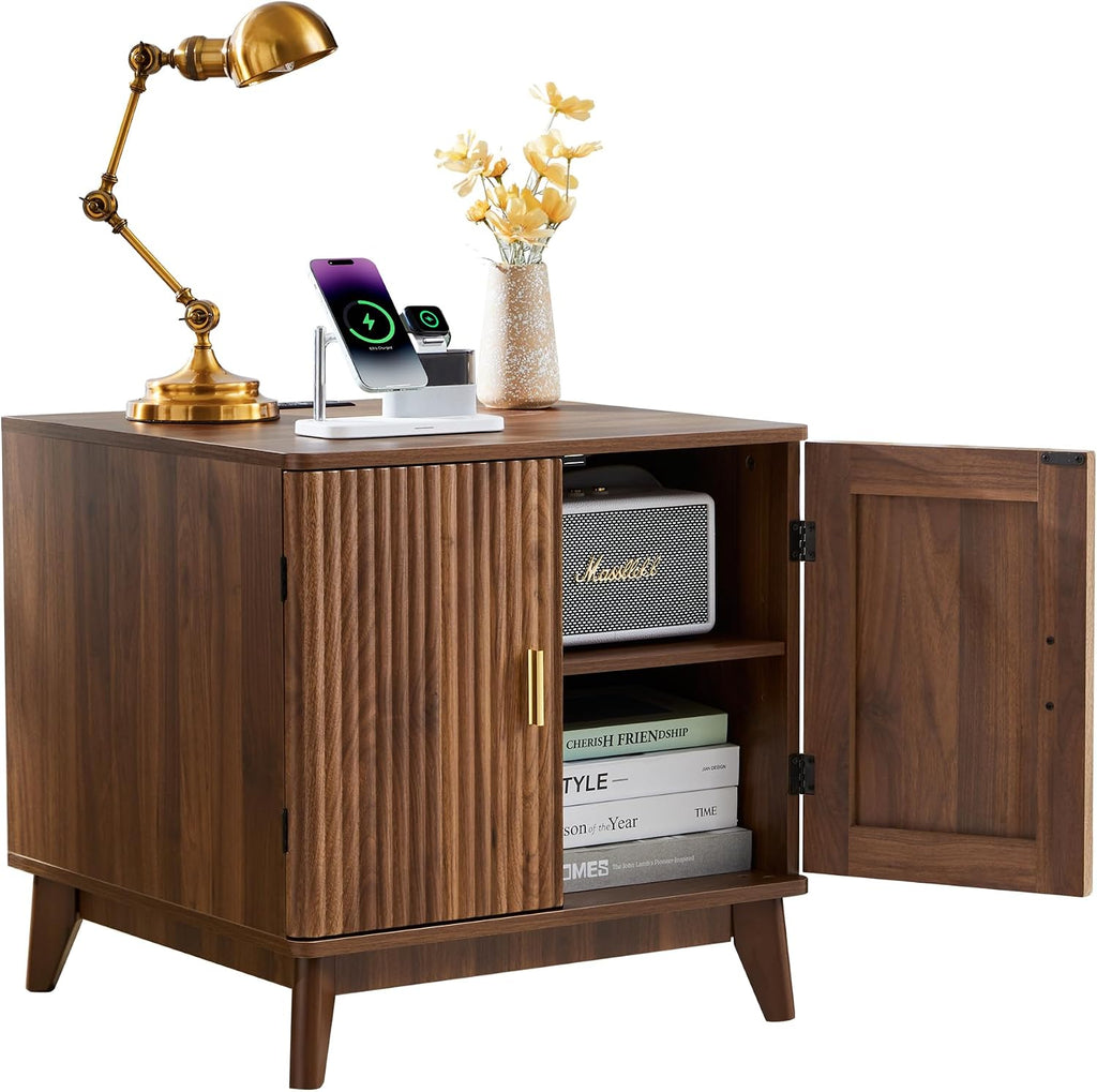 Fluted End Table with Charging Station, Mid Century Modern Nightstand with 2 Doors, Bed Side Table with Storage for Couch, Living Room, Small Spaces, Sofa Side Table for Office, Dorm - Walnut