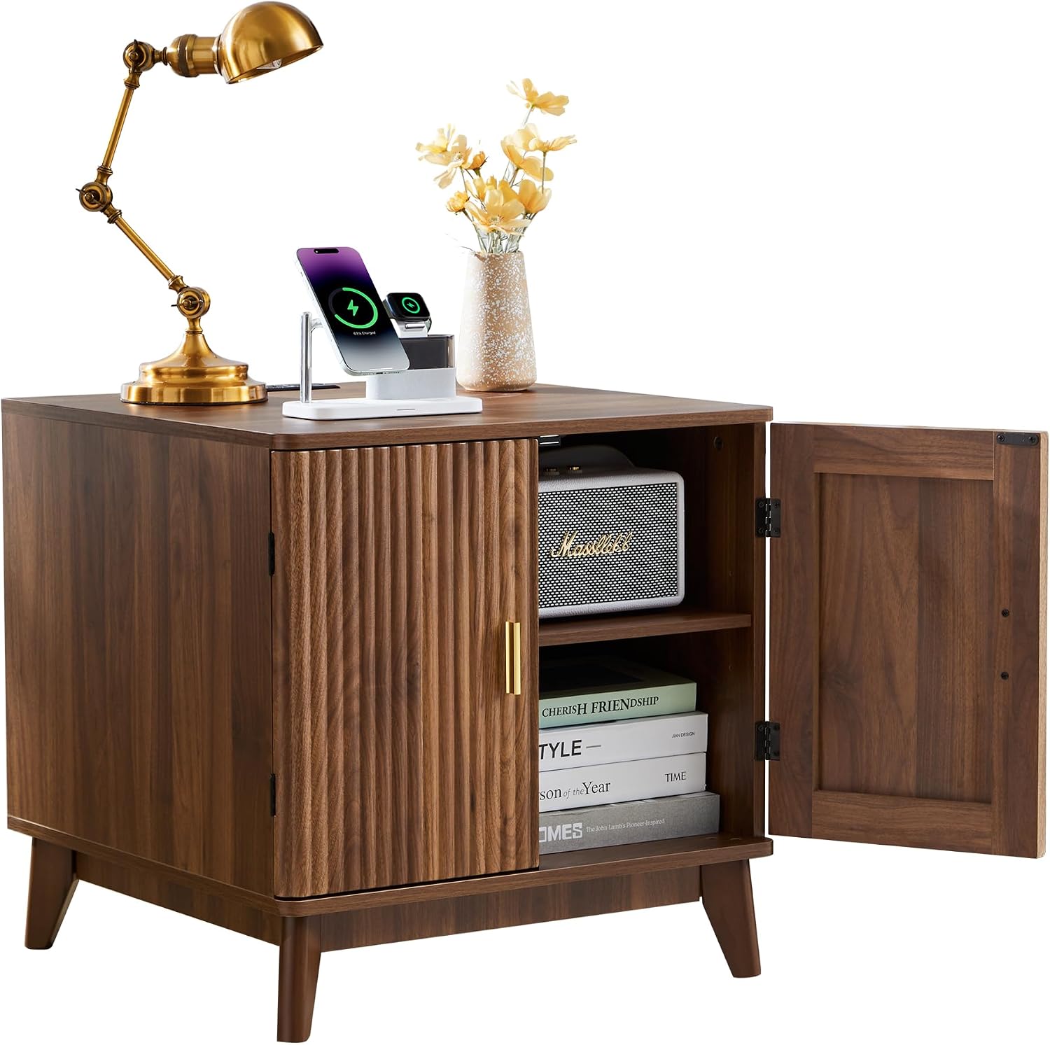 Fluted End Table with Charging Station, Mid Century Modern Nightstand with 2 Doors, Bed Side Table with Storage for Couch, Living Room, Small Spaces, Sofa Side Table for Office, Dorm - Walnut