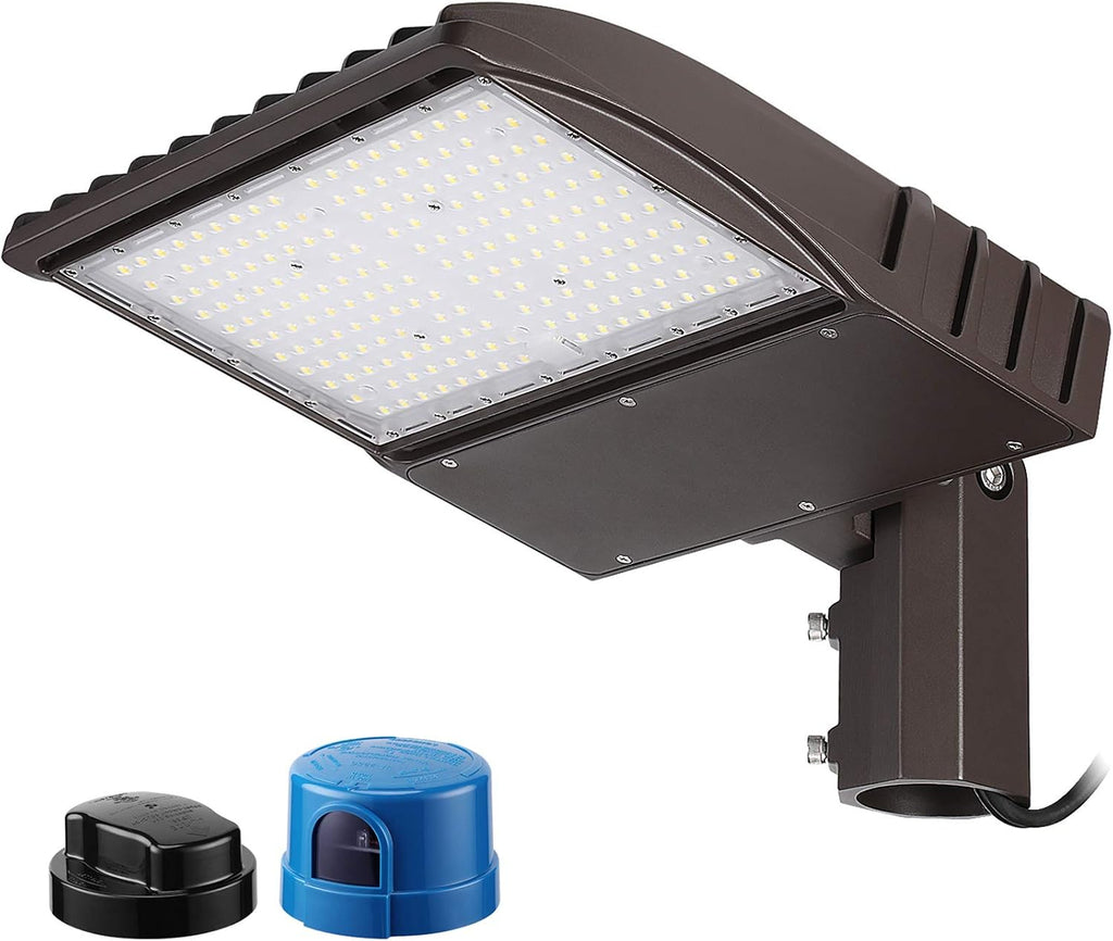LEONLITE 150W LED Parking Lot Light, Adjustable Arm Mount, 20,250lm UL & DLC Listed, 1-10V Dimmable, Shoebox Pole Light with Photocell, 100-277V, Commercial Street Lighting, IP65, 5000K Daylight